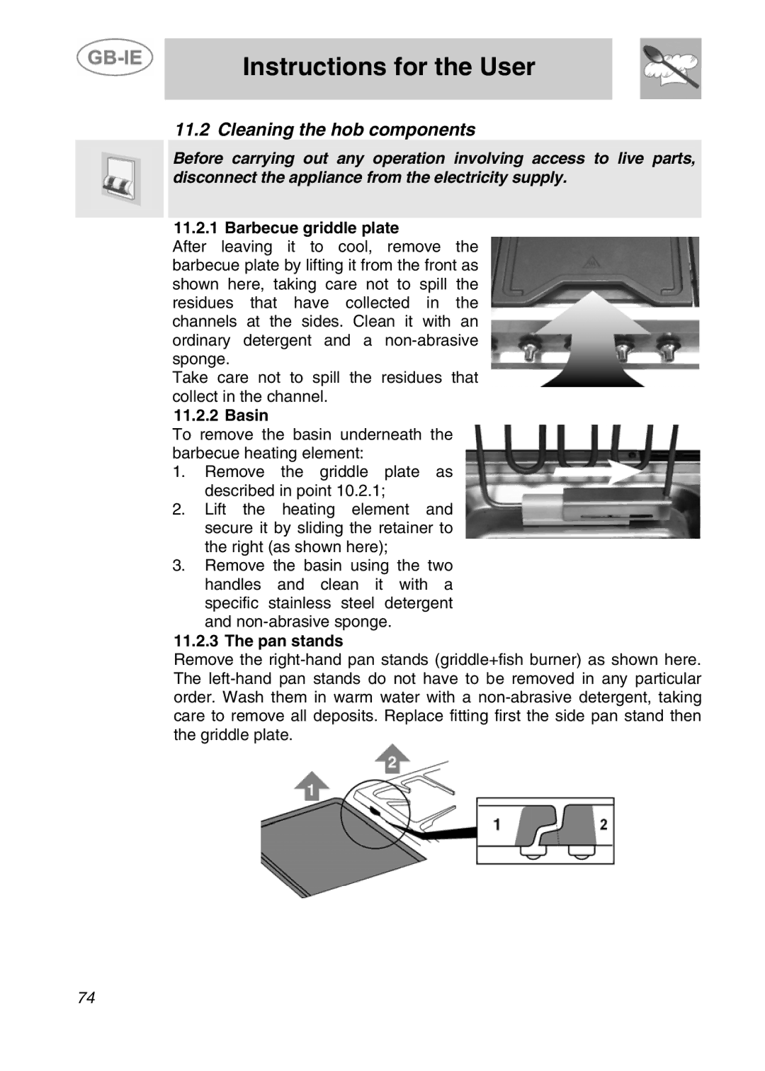 Smeg A4-5 manual Cleaning the hob components, Barbecue griddle plate, Basin, Pan stands 