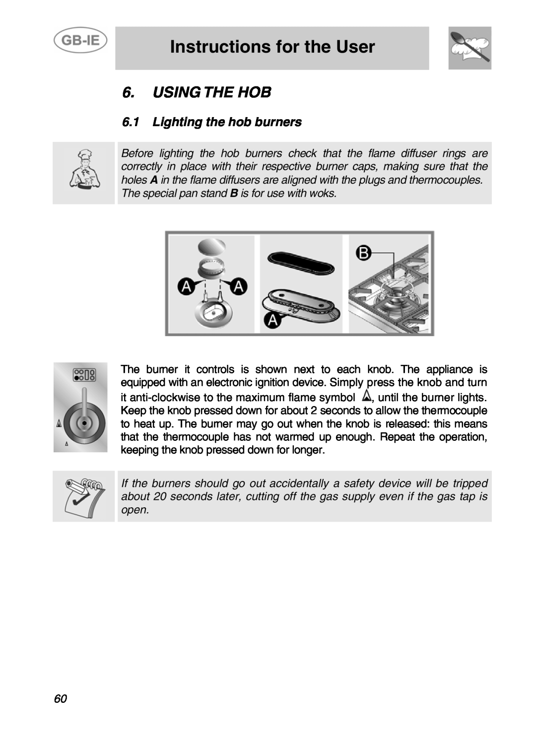 Smeg A4-5 manual Using The Hob, 6.1Lighting the hob burners, Instructions for the User 