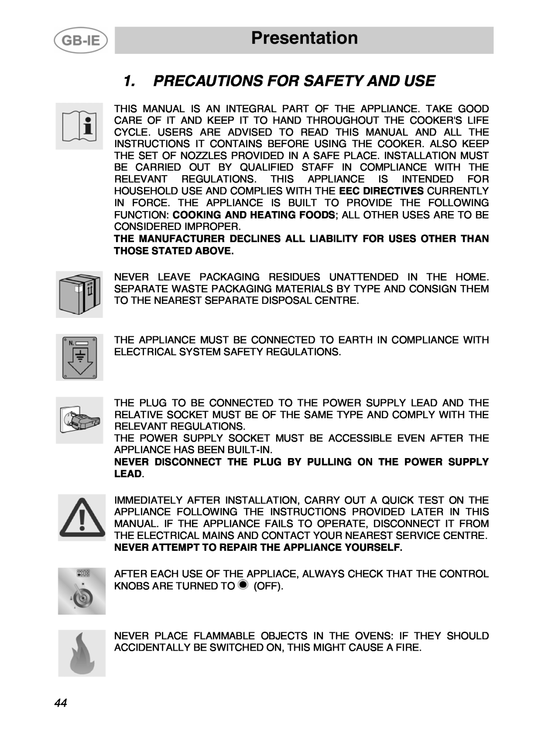 Smeg A4-5 manual Presentation, Precautions For Safety And Use 