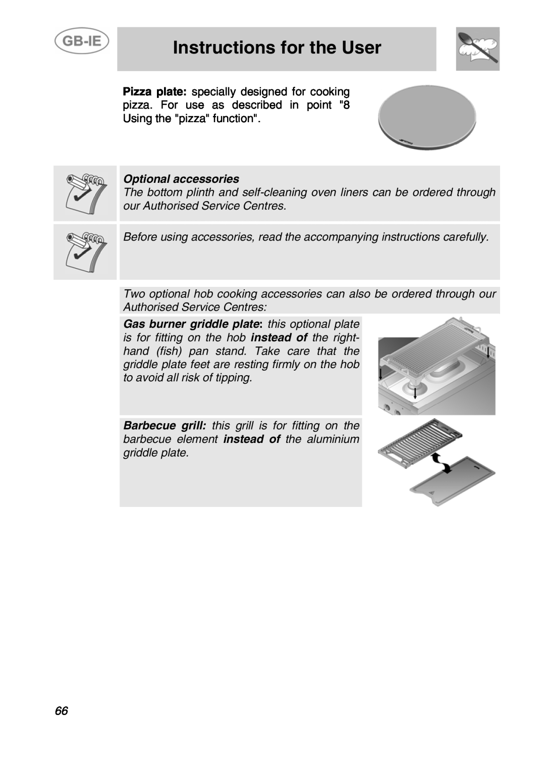 Smeg A4-5 manual Instructions for the User, Optional accessories 