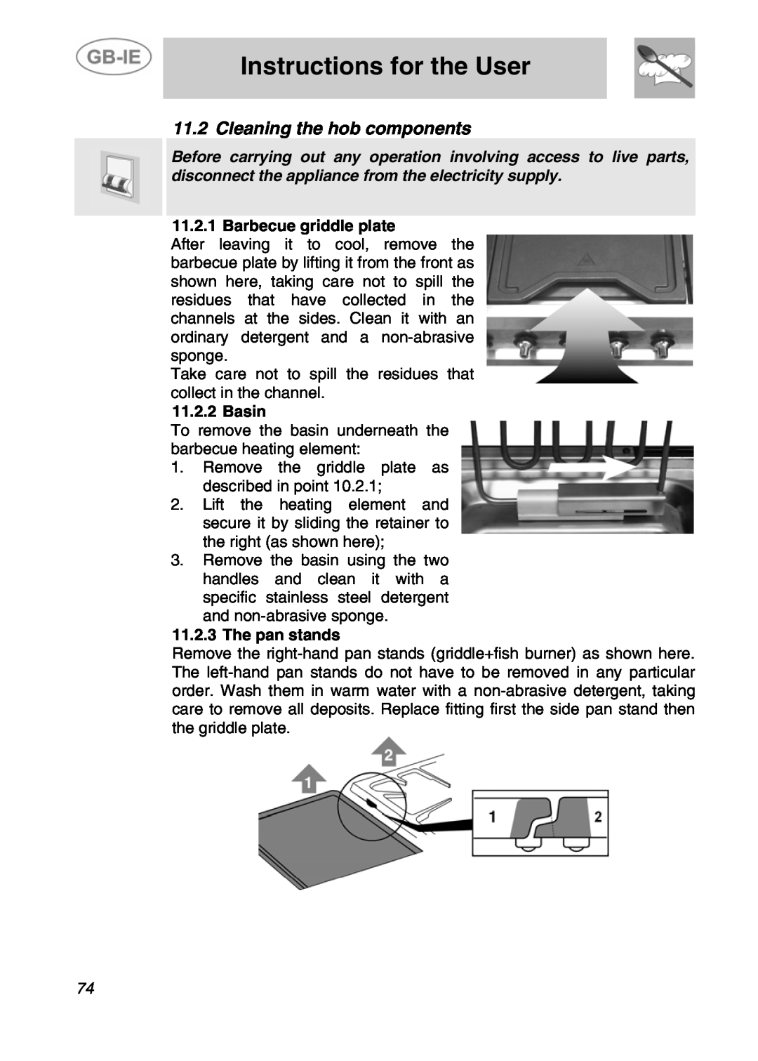 Smeg A4-5 Cleaning the hob components, Barbecue griddle plate, Basin, 11.2.3The pan stands, Instructions for the User 