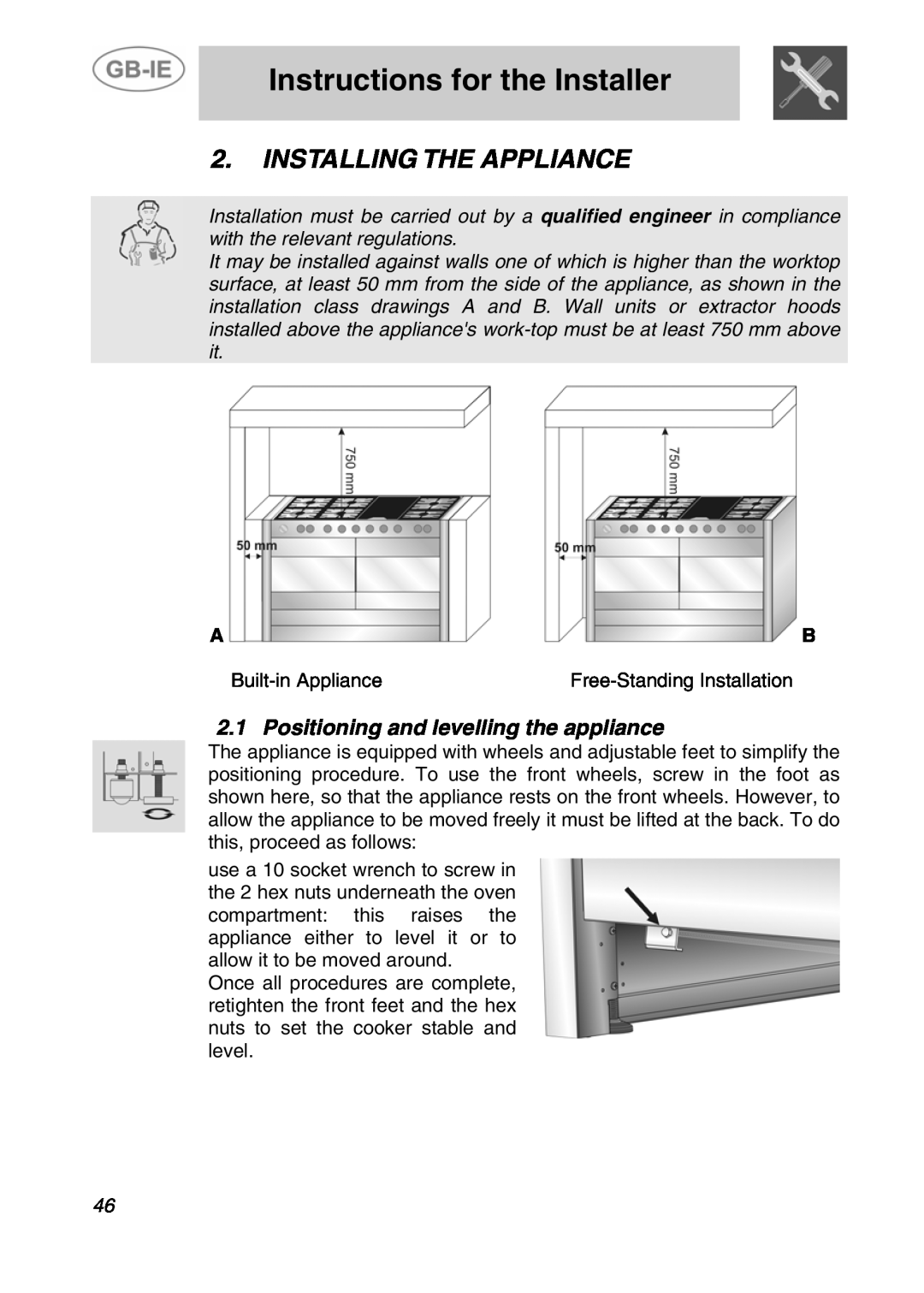 Smeg A4-5 manual Instructions for the Installer, Installing The Appliance, Positioning and levelling the appliance 