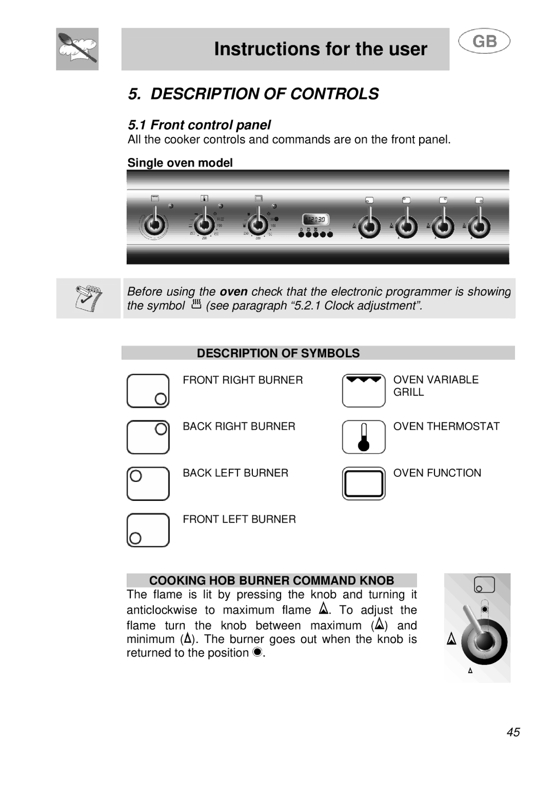 Smeg A41A manual Description of Controls, Front control panel, Description of Symbols, Cooking HOB Burner Command Knob 