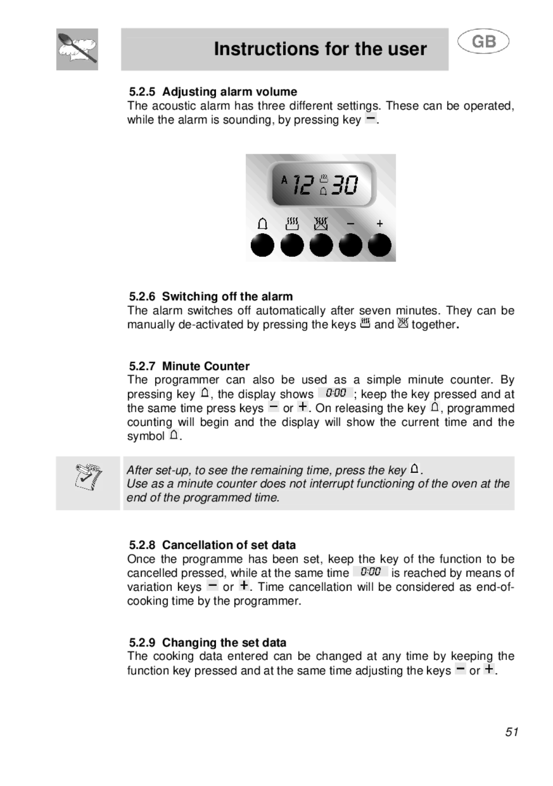 Smeg A41A Adjusting alarm volume, Switching off the alarm, Minute Counter, Cancellation of set data, Changing the set data 