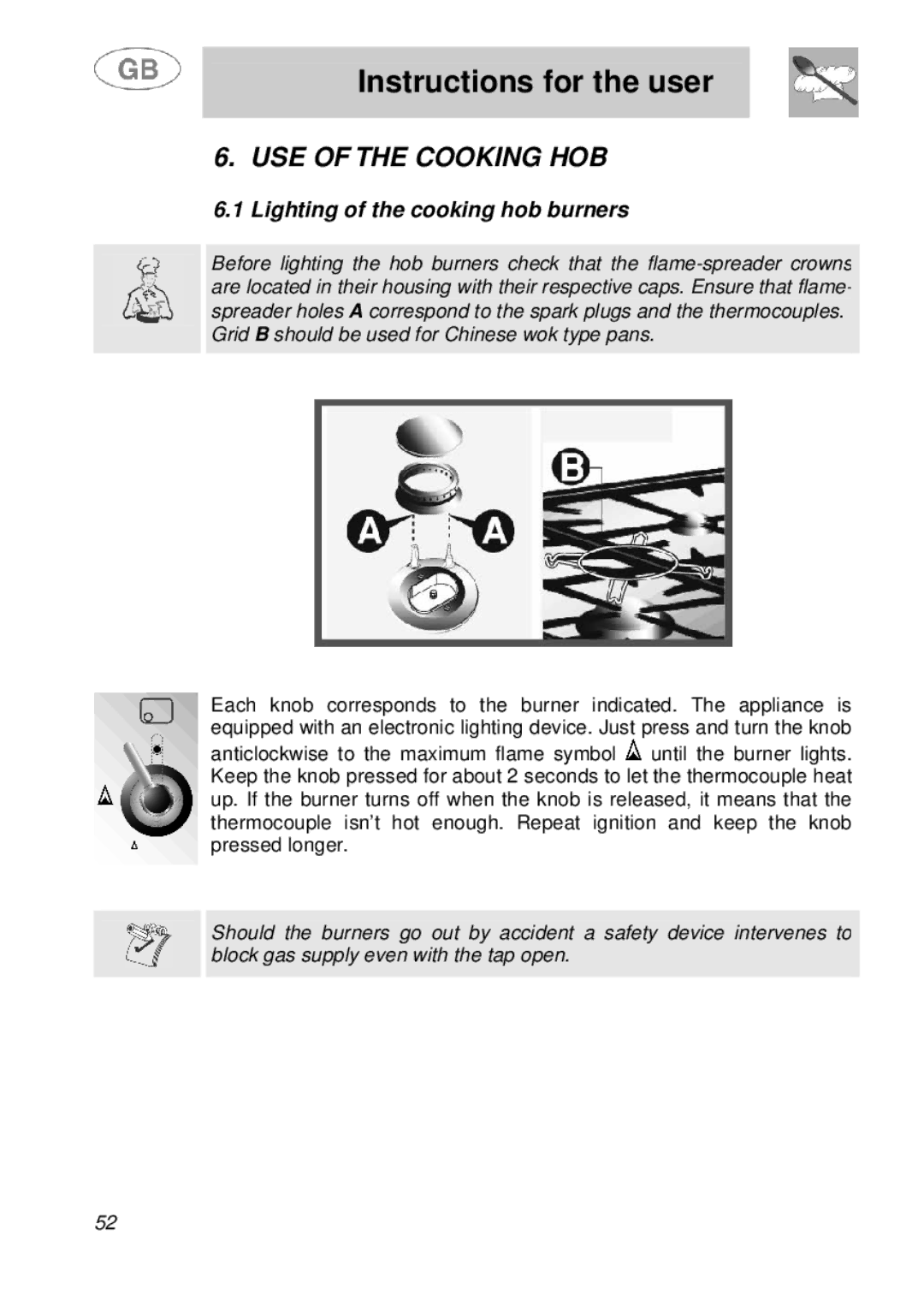 Smeg A41A manual USE of the Cooking HOB, Lighting of the cooking hob burners 