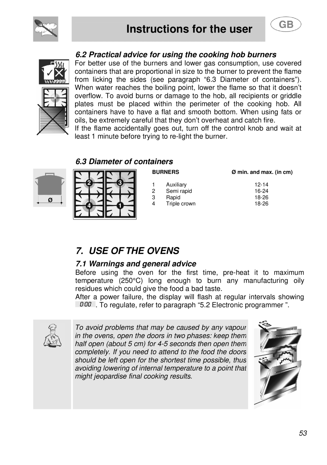 Smeg A41A manual USE of the Ovens, Practical advice for using the cooking hob burners, Diameter of containers 