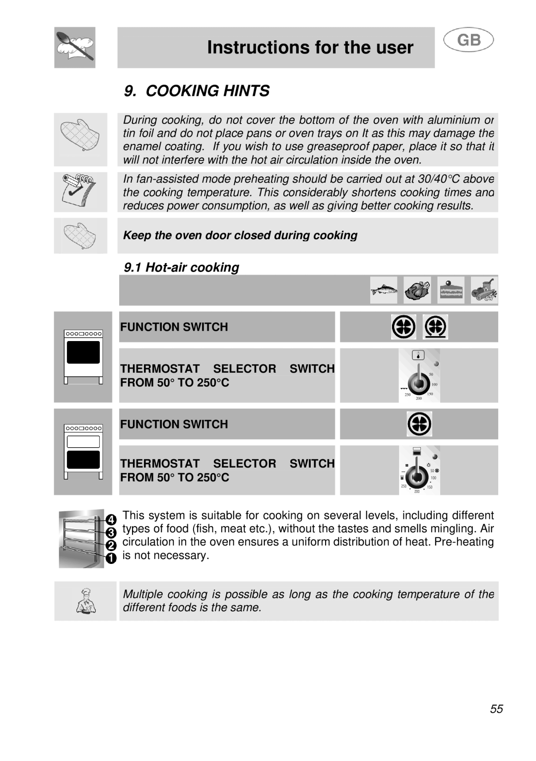 Smeg A41A manual Cooking Hints, Hot-air cooking, Function Switch Thermostat Selector Switch, From 50 to 250C 