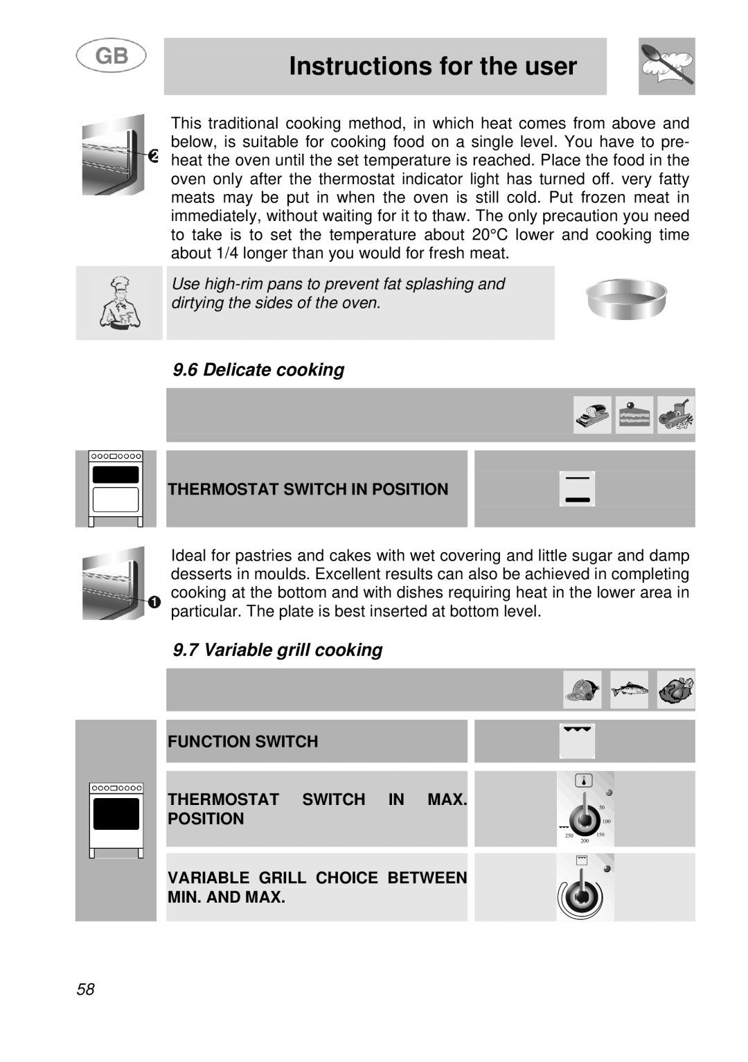 Smeg A41A manual Delicate cooking, Variable grill cooking 