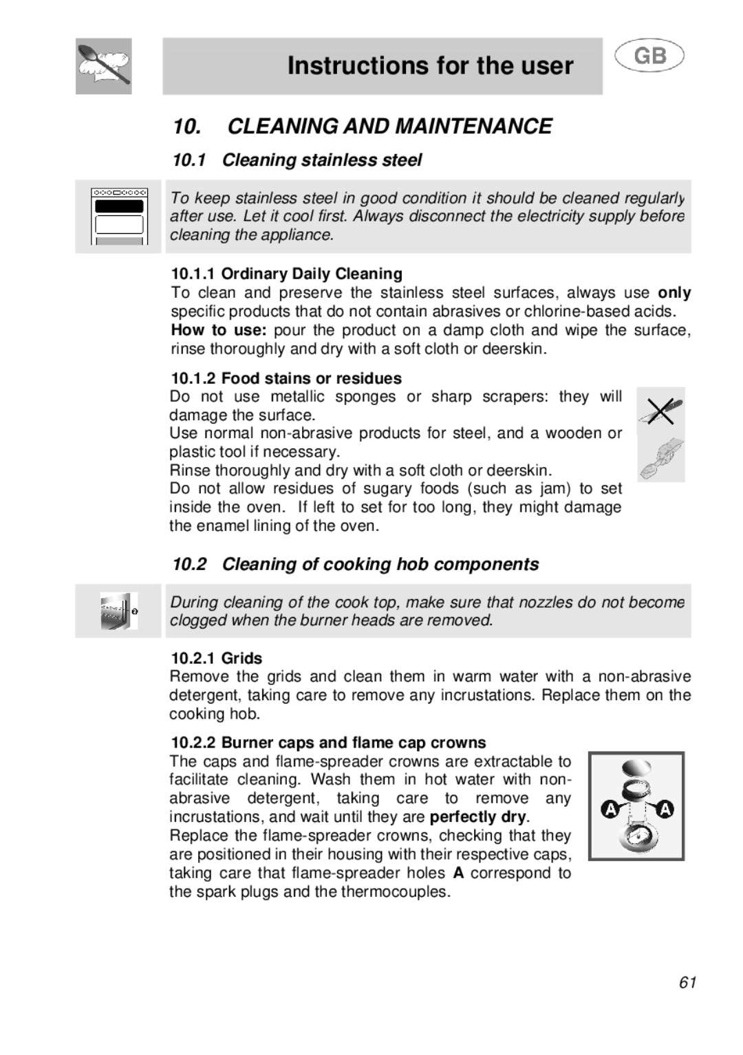 Smeg A41A manual Cleaning and Maintenance, Cleaning stainless steel, Cleaning of cooking hob components 