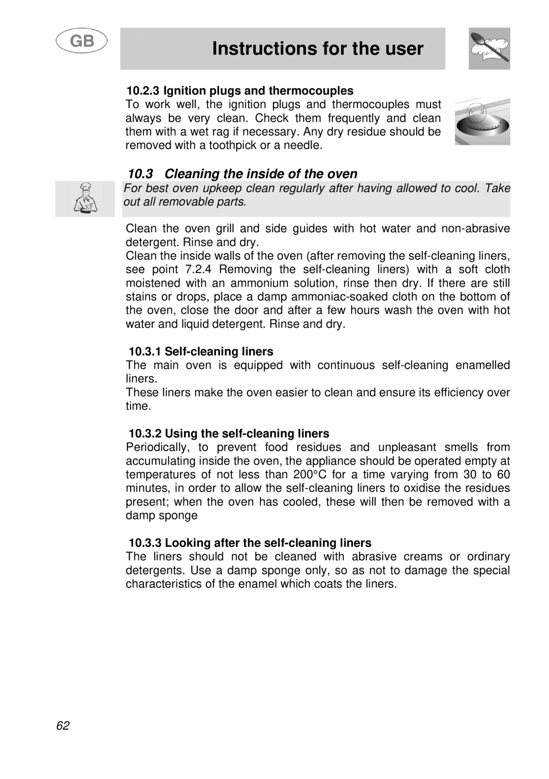 Smeg A41A manual Cleaning the inside of the oven, Ignition plugs and thermocouples, Self-cleaning liners 