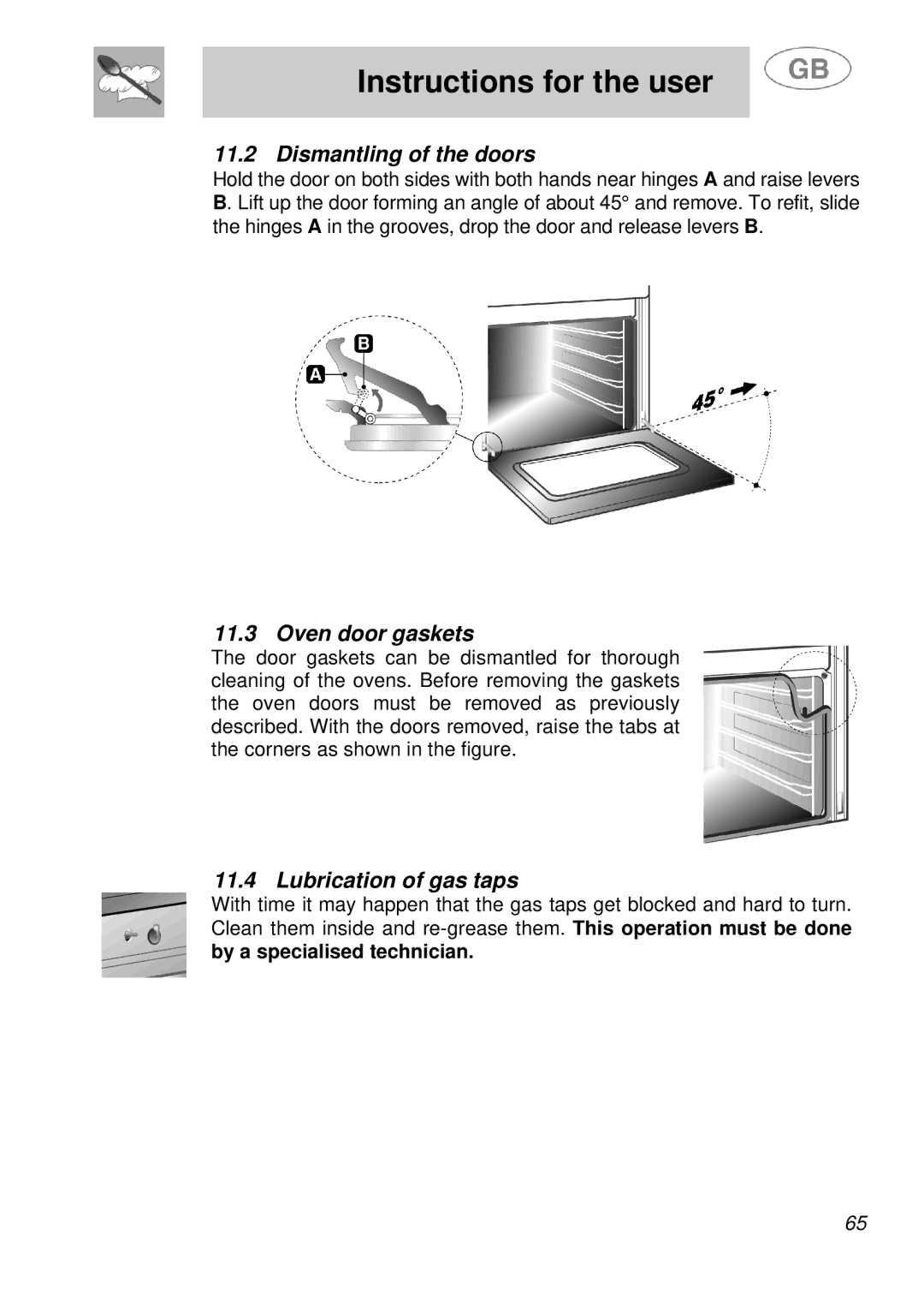 Smeg A41A manual Dismantling of the doors, Oven door gaskets, Lubrication of gas taps 