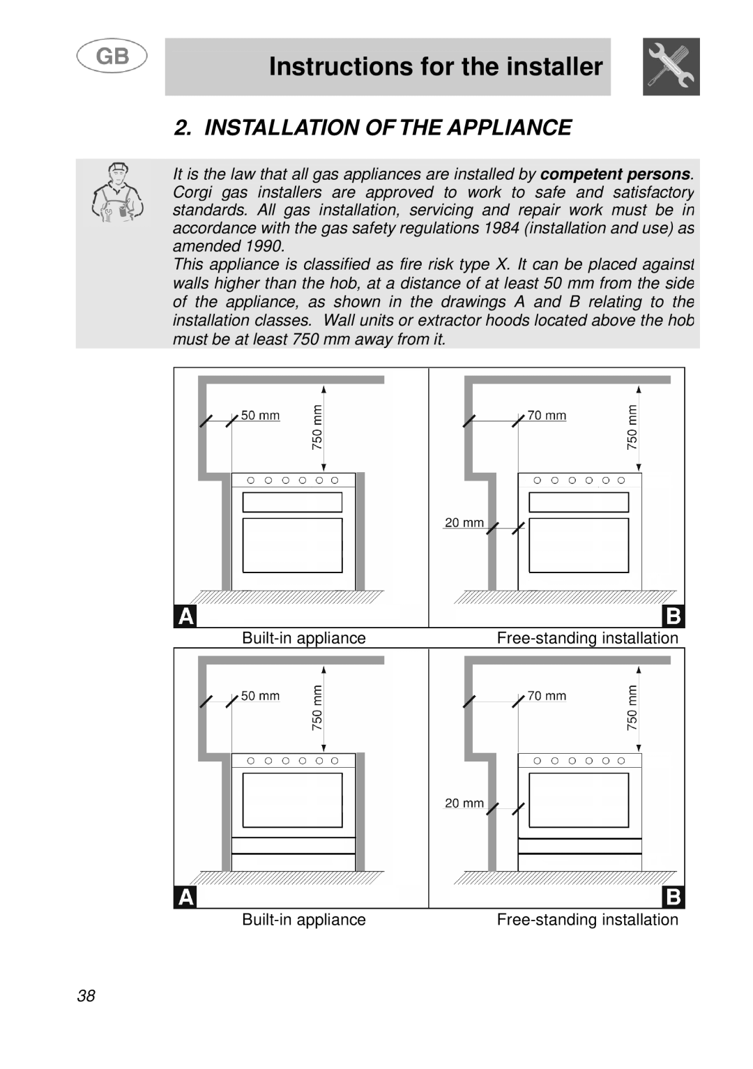 Smeg A41A manual Instructions for the installer, Installation of the Appliance 