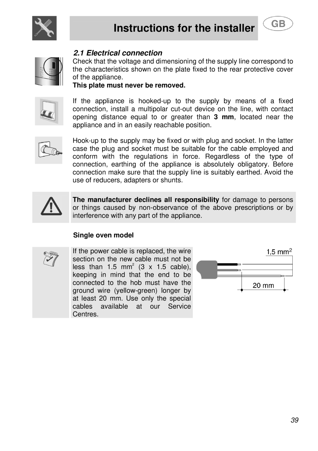 Smeg A41A manual Electrical connection, This plate must never be removed 