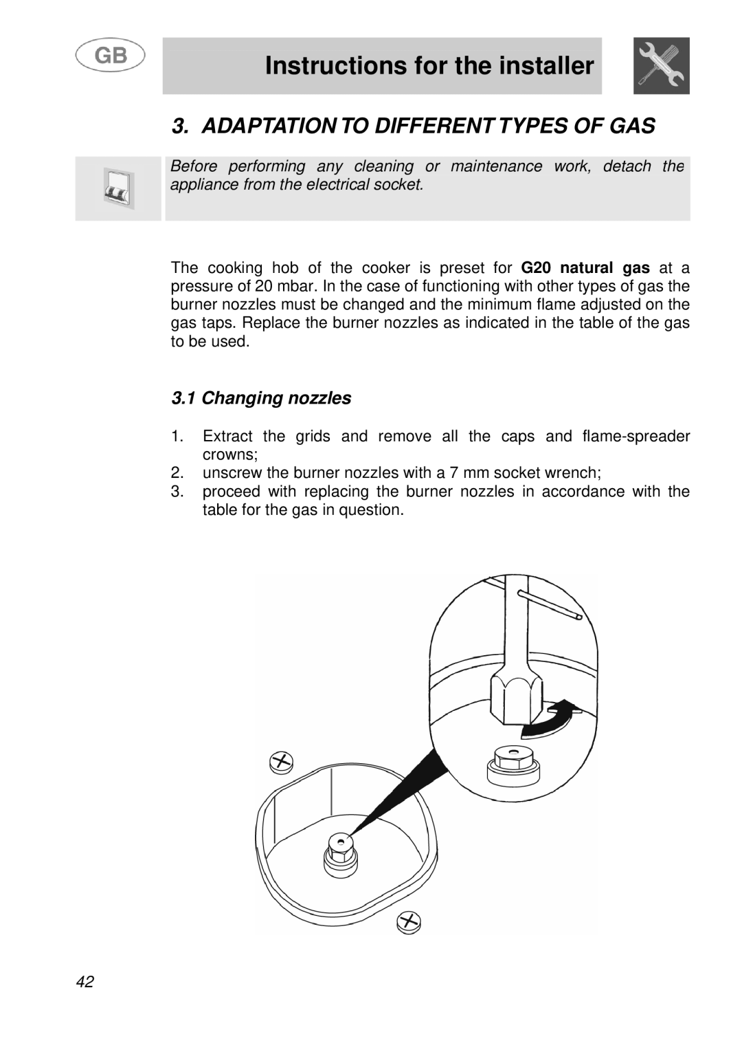 Smeg A41A manual Adaptation to Different Types of GAS, Changing nozzles 