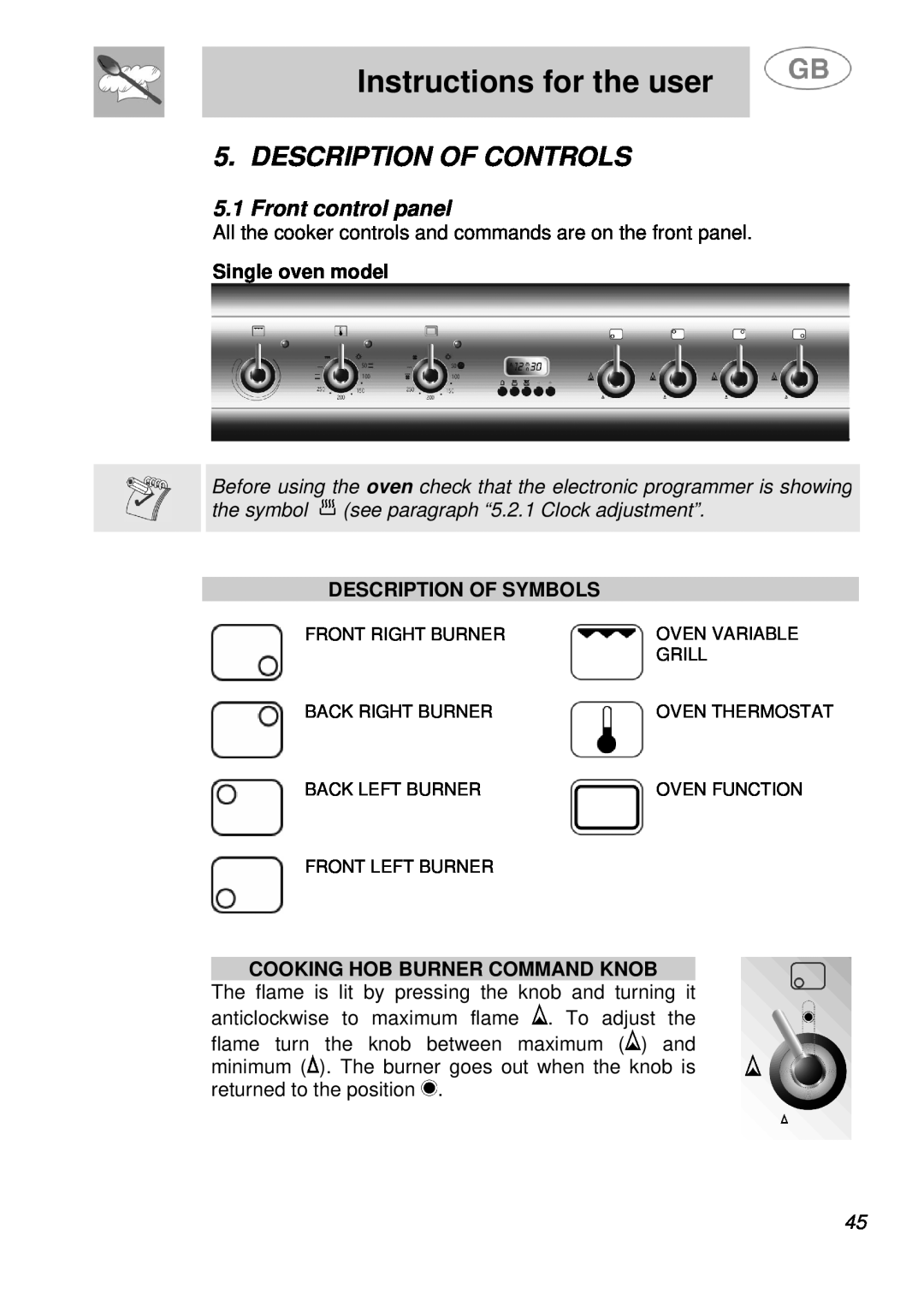 Smeg A41A manual Instructions for the user, Description Of Controls, Front control panel, Description Of Symbols 