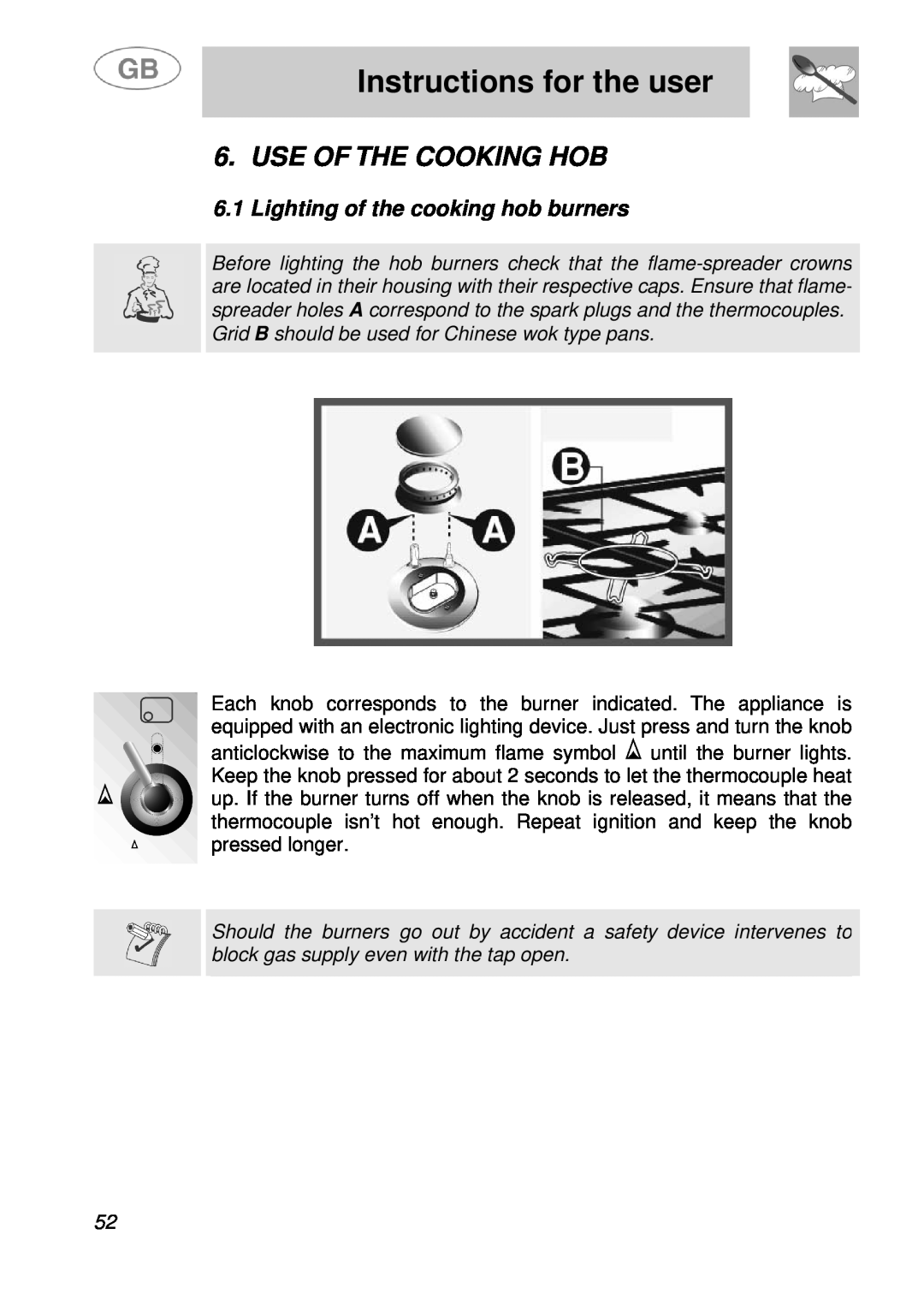 Smeg A41A manual Use Of The Cooking Hob, Lighting of the cooking hob burners, Instructions for the user 