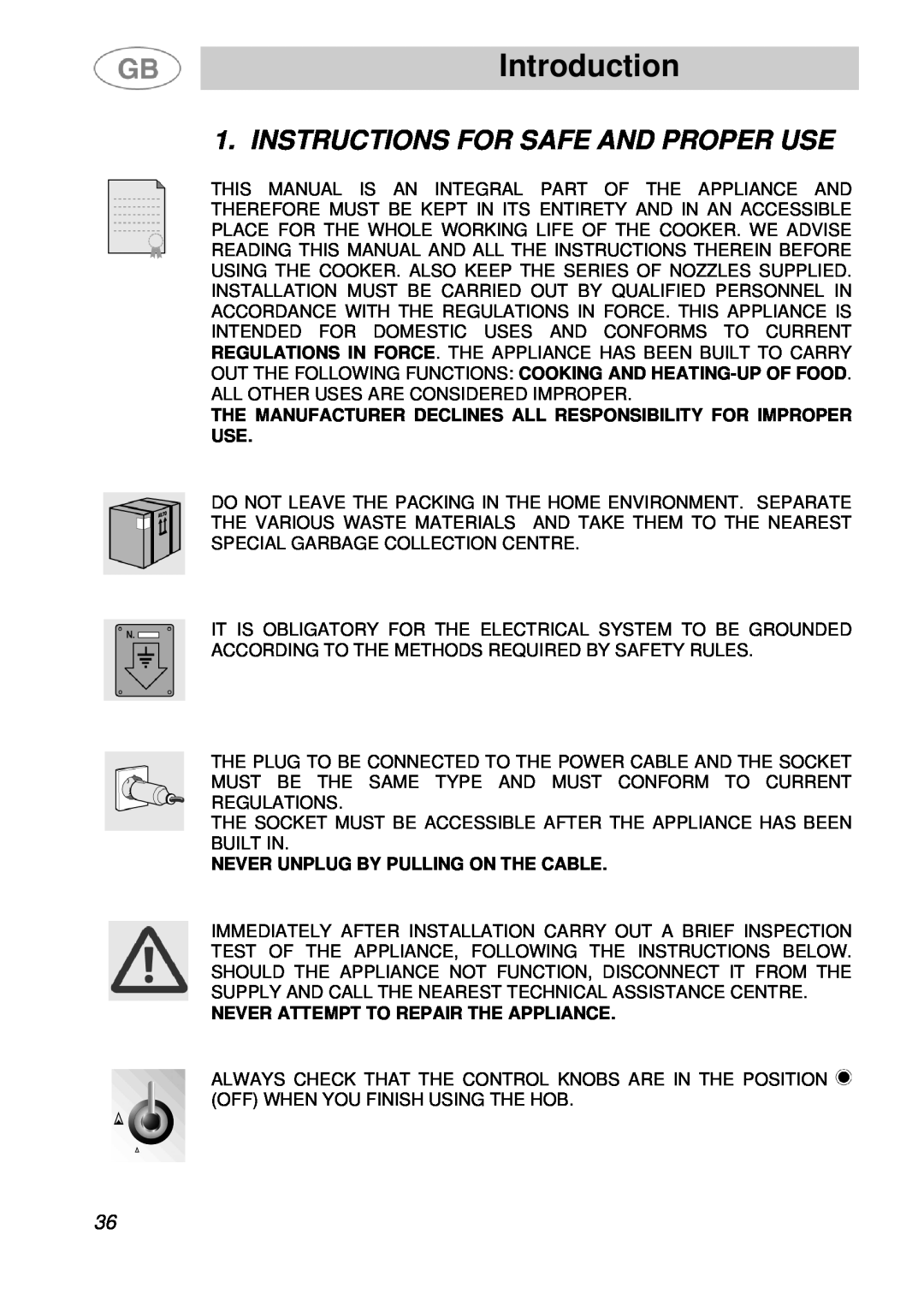 Smeg A41A manual Introduction, Instructions For Safe And Proper Use, Never Unplug By Pulling On The Cable 