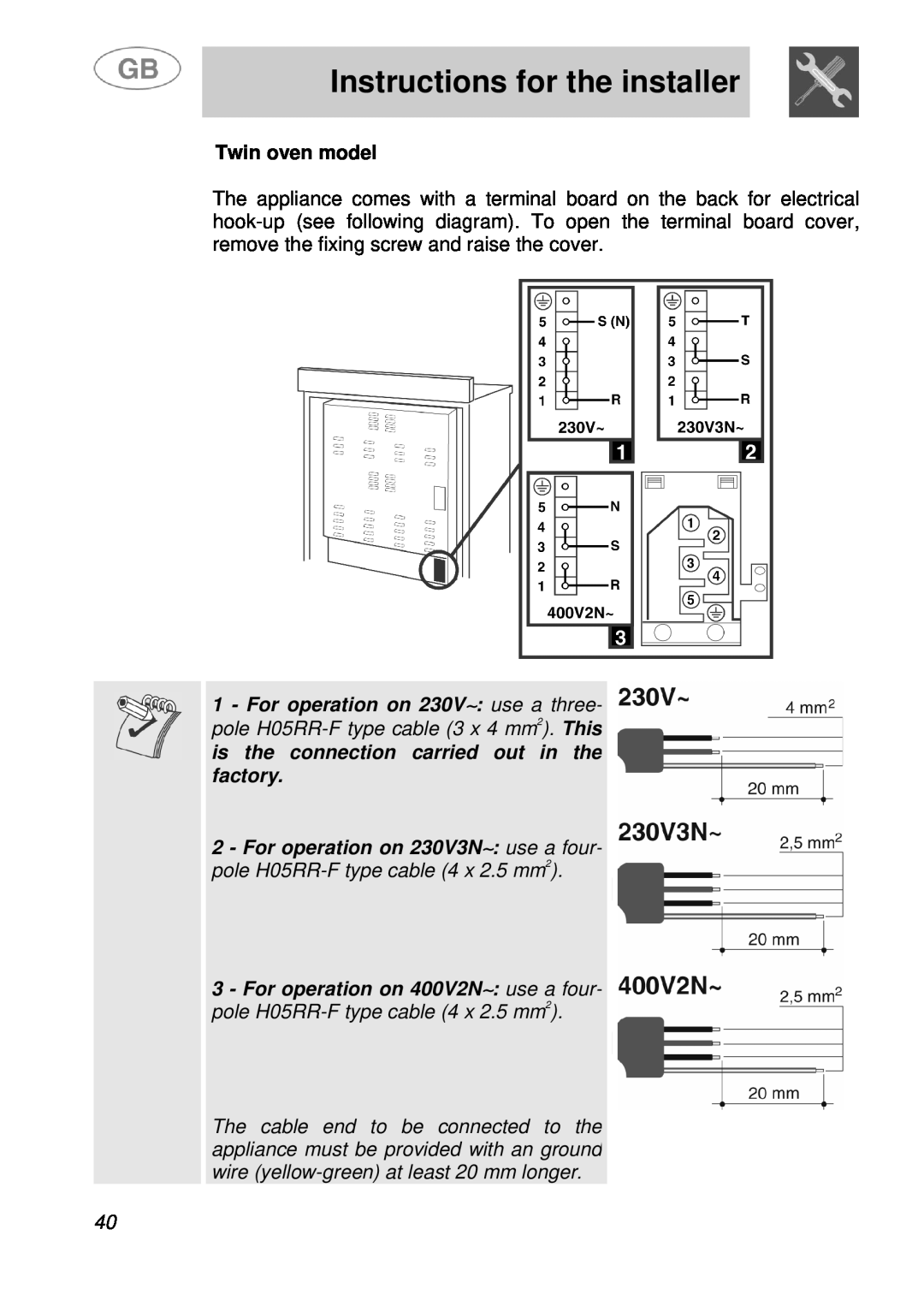 Smeg A41A manual Twin oven model, Instructions for the installer 