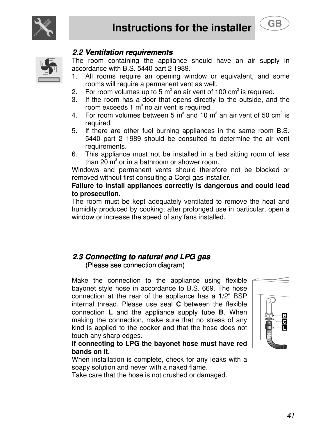 Smeg A41A manual Ventilation requirements, 2.3Connecting to natural and LPG gas, Instructions for the installer 