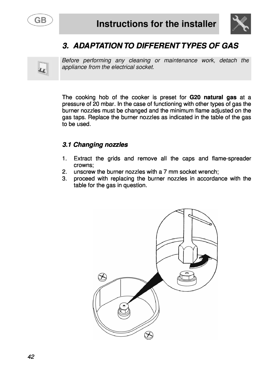 Smeg A41A manual Adaptation To Different Types Of Gas, Changing nozzles, Instructions for the installer 