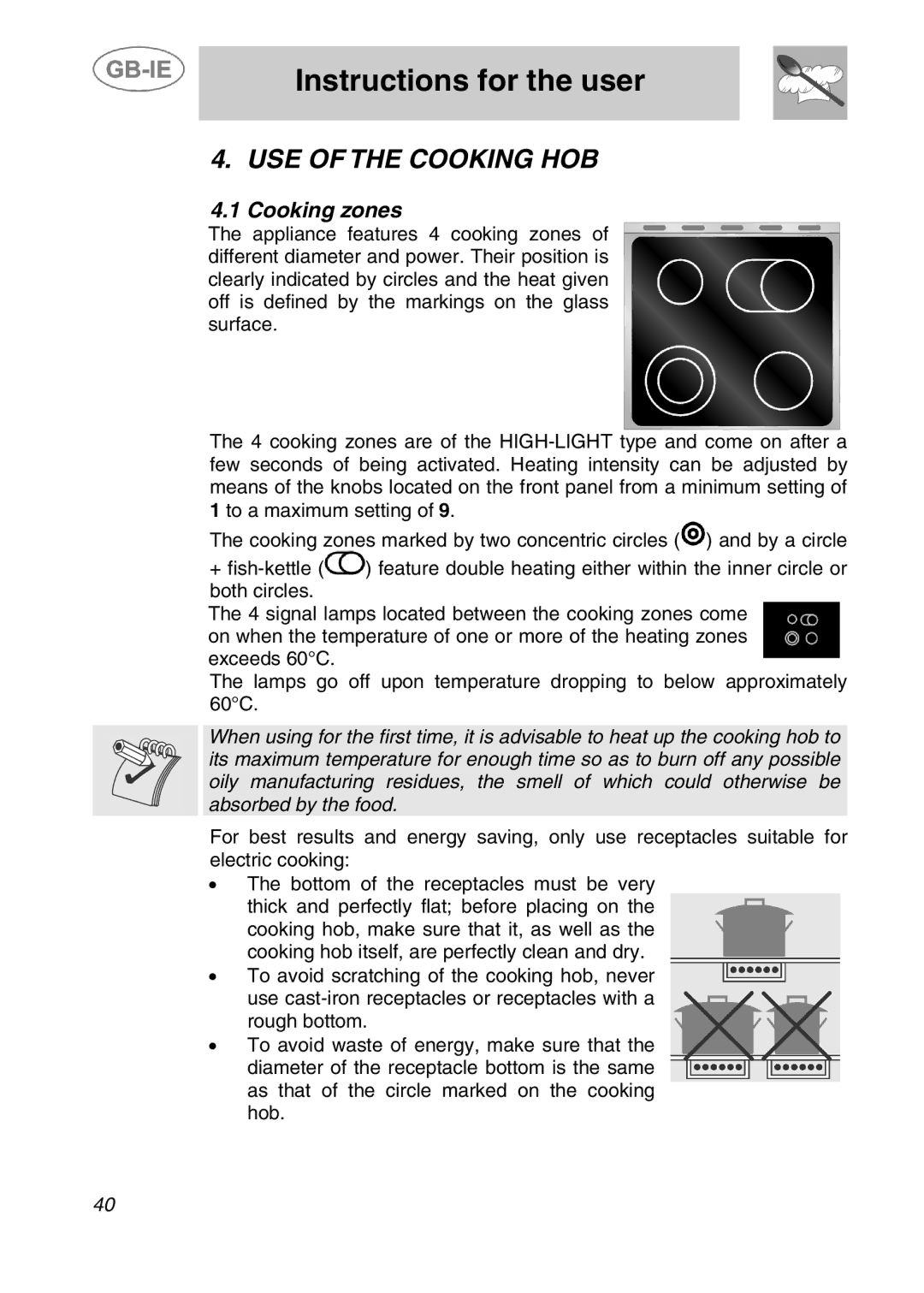 Smeg A41C-5 manual USE of the Cooking HOB, Cooking zones 