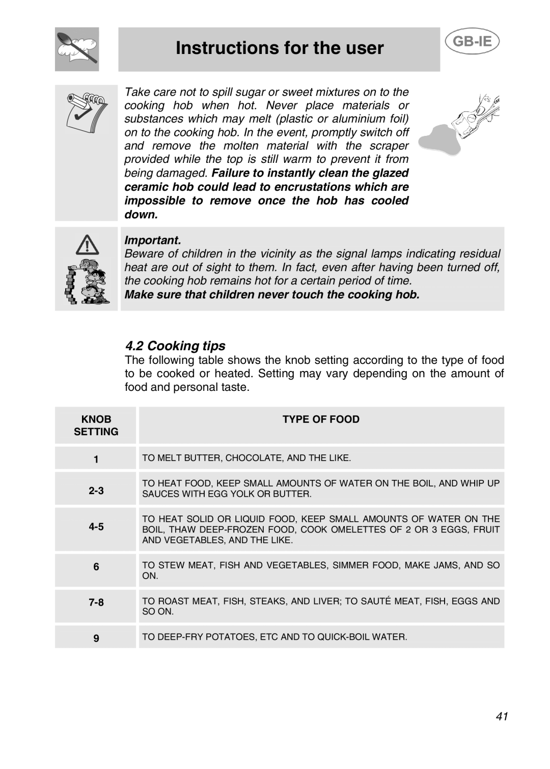 Smeg A41C-5 manual Cooking tips, Knob Setting Type of Food 