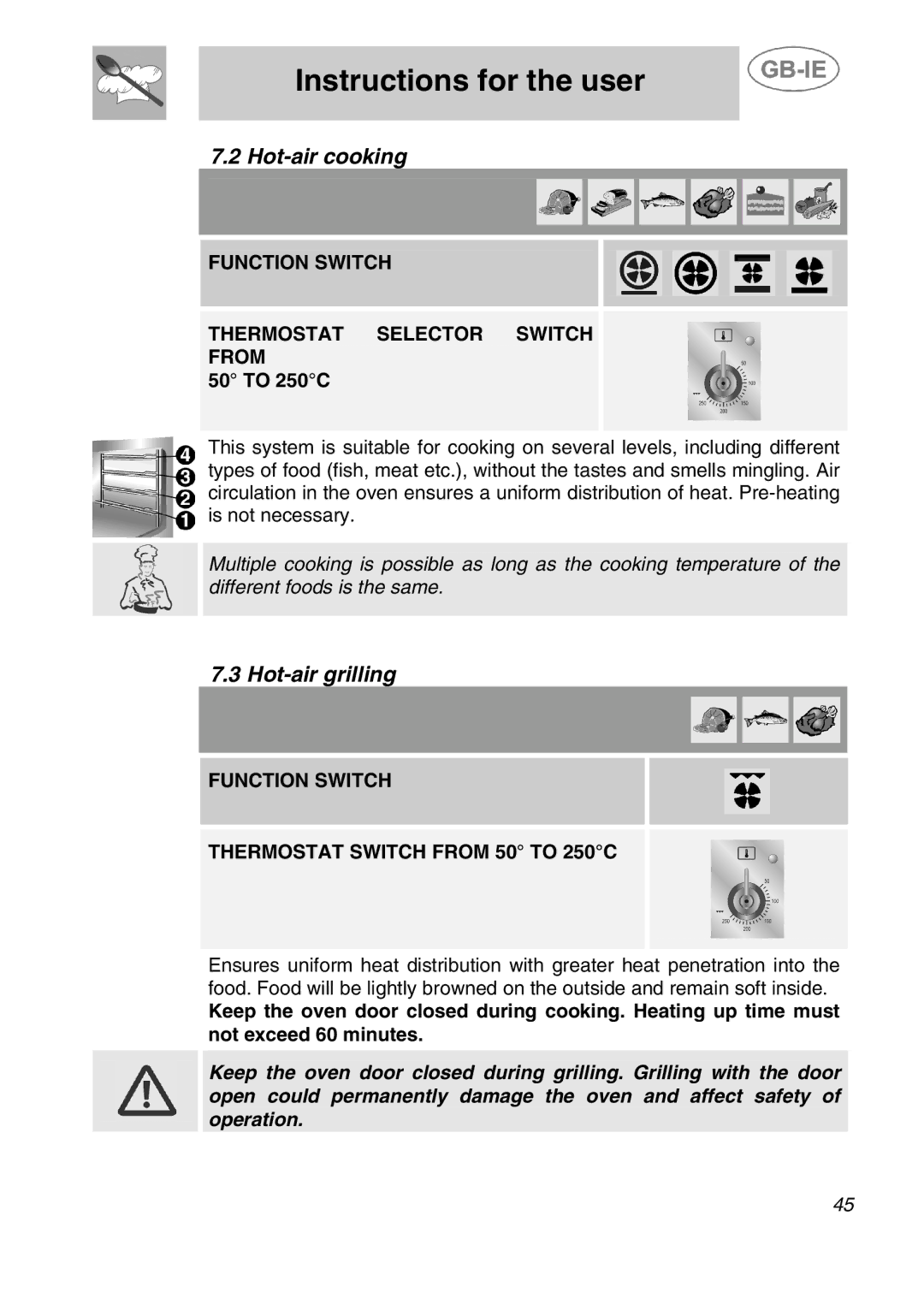 Smeg A41C-5 manual Hot-air cooking, Hot-air grilling, Function Switch Thermostat Selector Switch From, 50 to 250C 