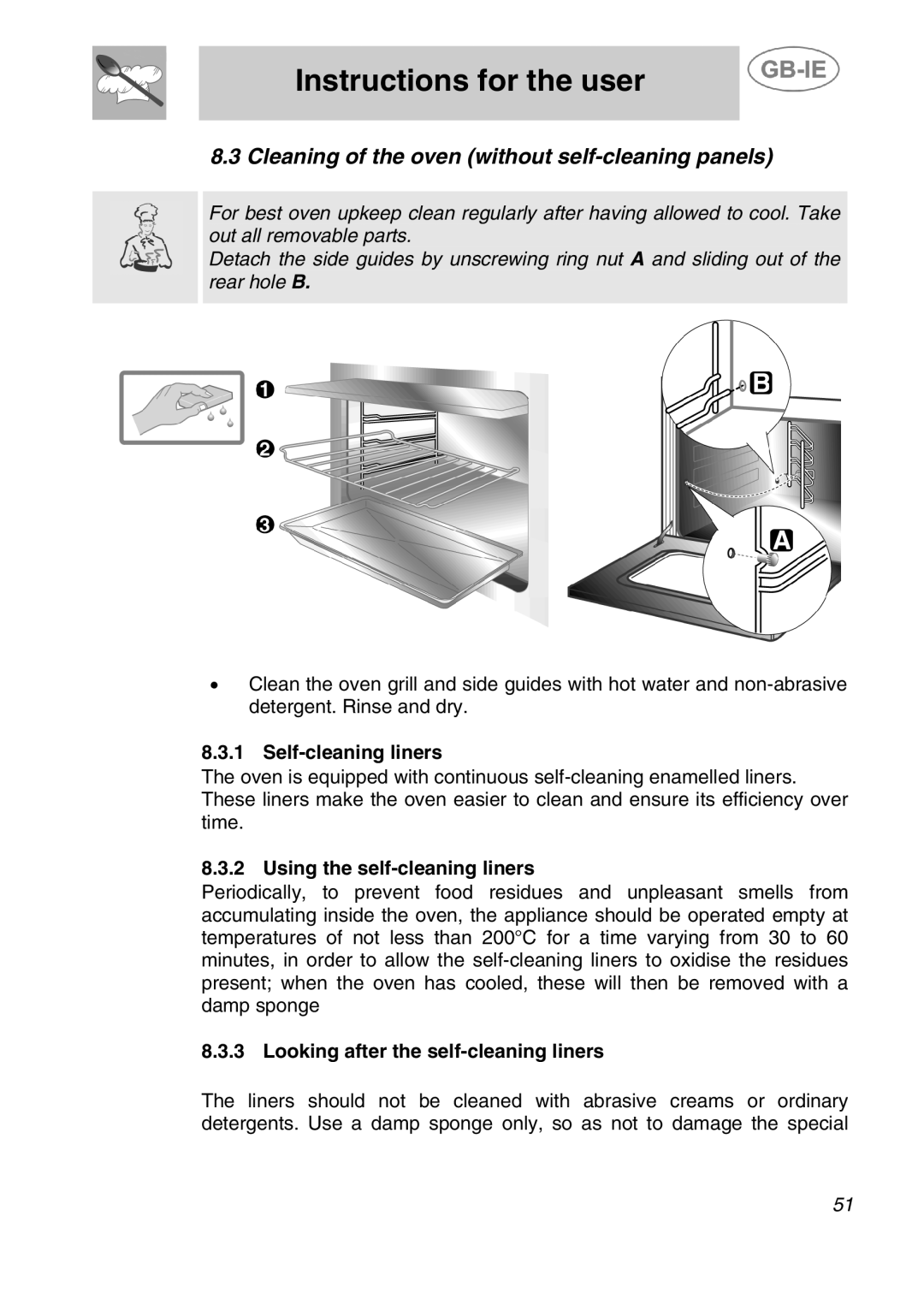 Smeg A41C-5 manual Cleaning of the oven without self-cleaning panels, Self-cleaning liners, Using the self-cleaning liners 