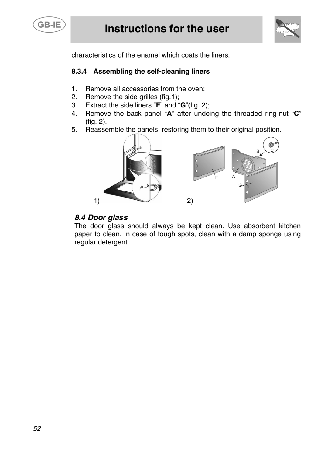 Smeg A41C-5 manual Door glass, Assembling the self-cleaning liners 