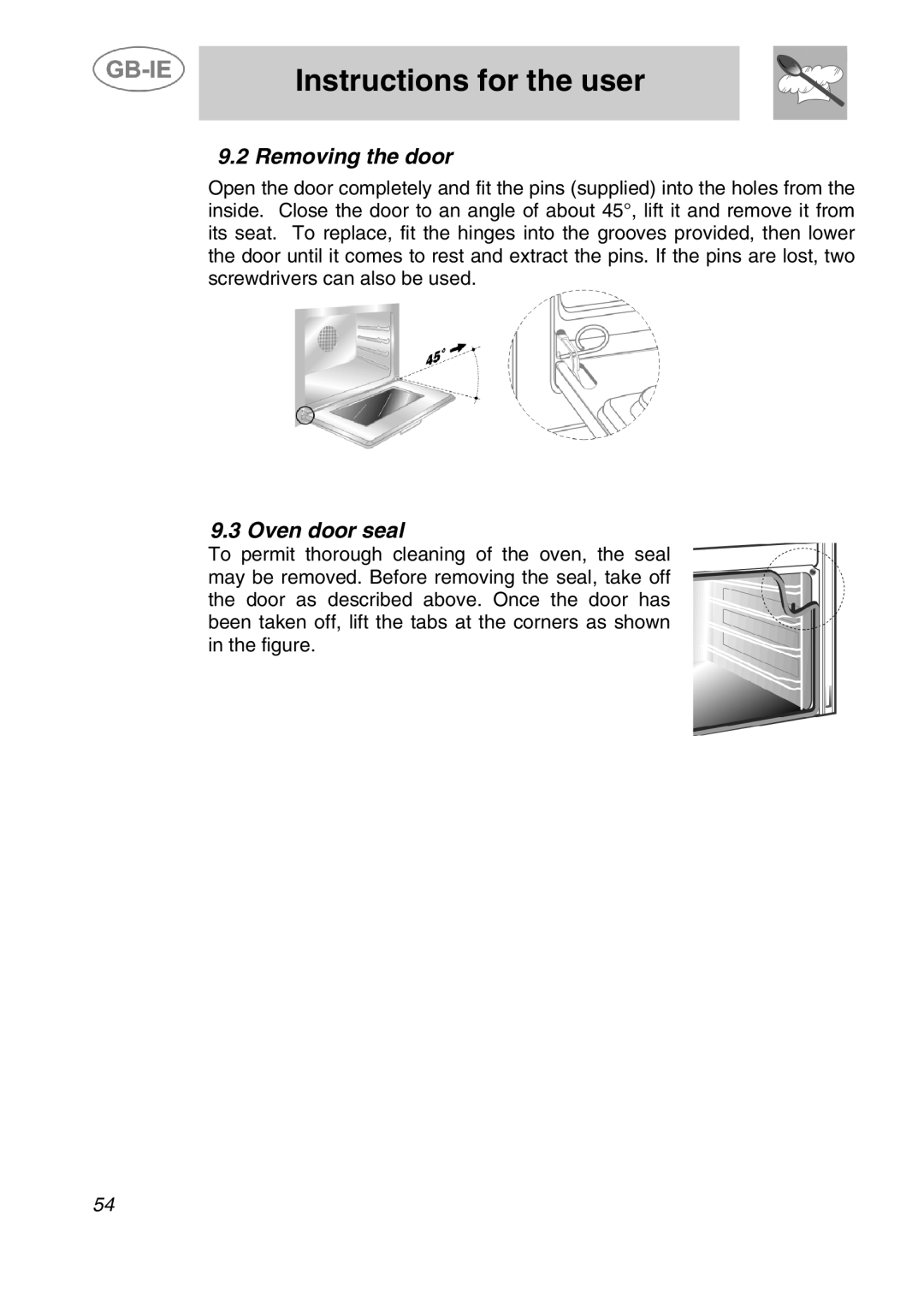 Smeg A41C-5 manual Removing the door, Oven door seal 