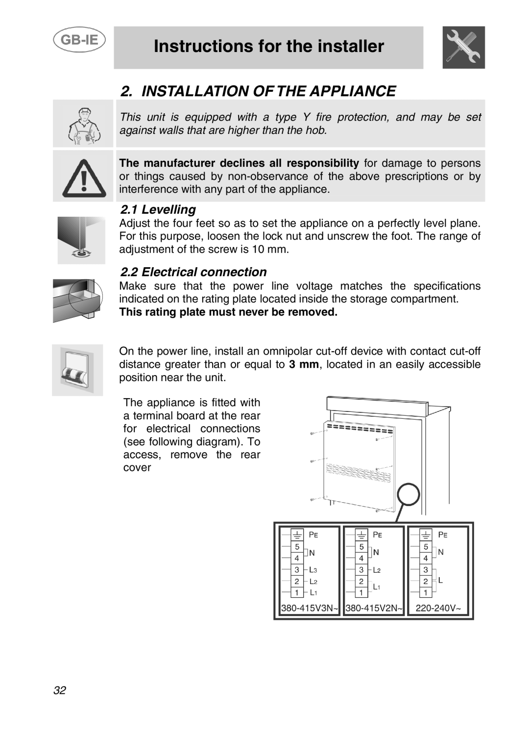 Smeg A41C-5 manual Installation of the Appliance, Levelling, Electrical connection, This rating plate must never be removed 