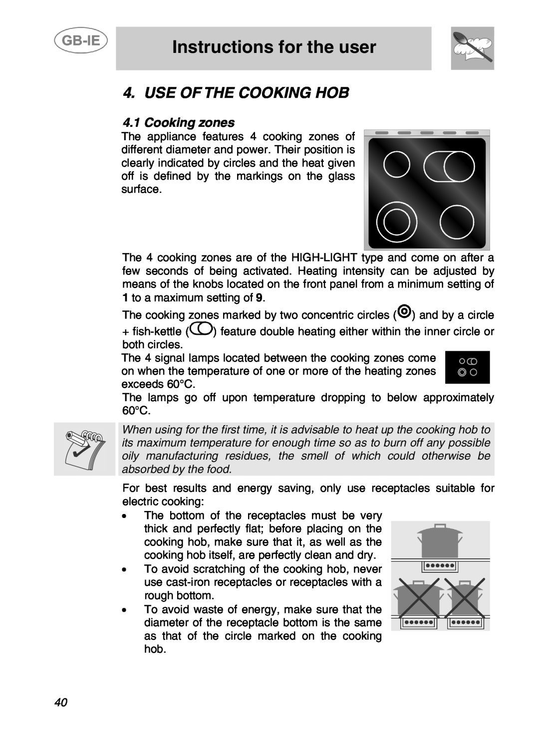 Smeg A41C-5 manual Use Of The Cooking Hob, Cooking zones, Instructions for the user 