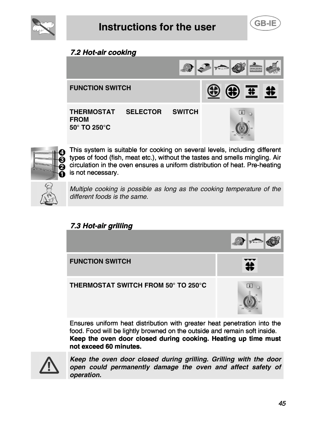 Smeg A41C-5 manual Hot-air cooking, Hot-air grilling, Instructions for the user 
