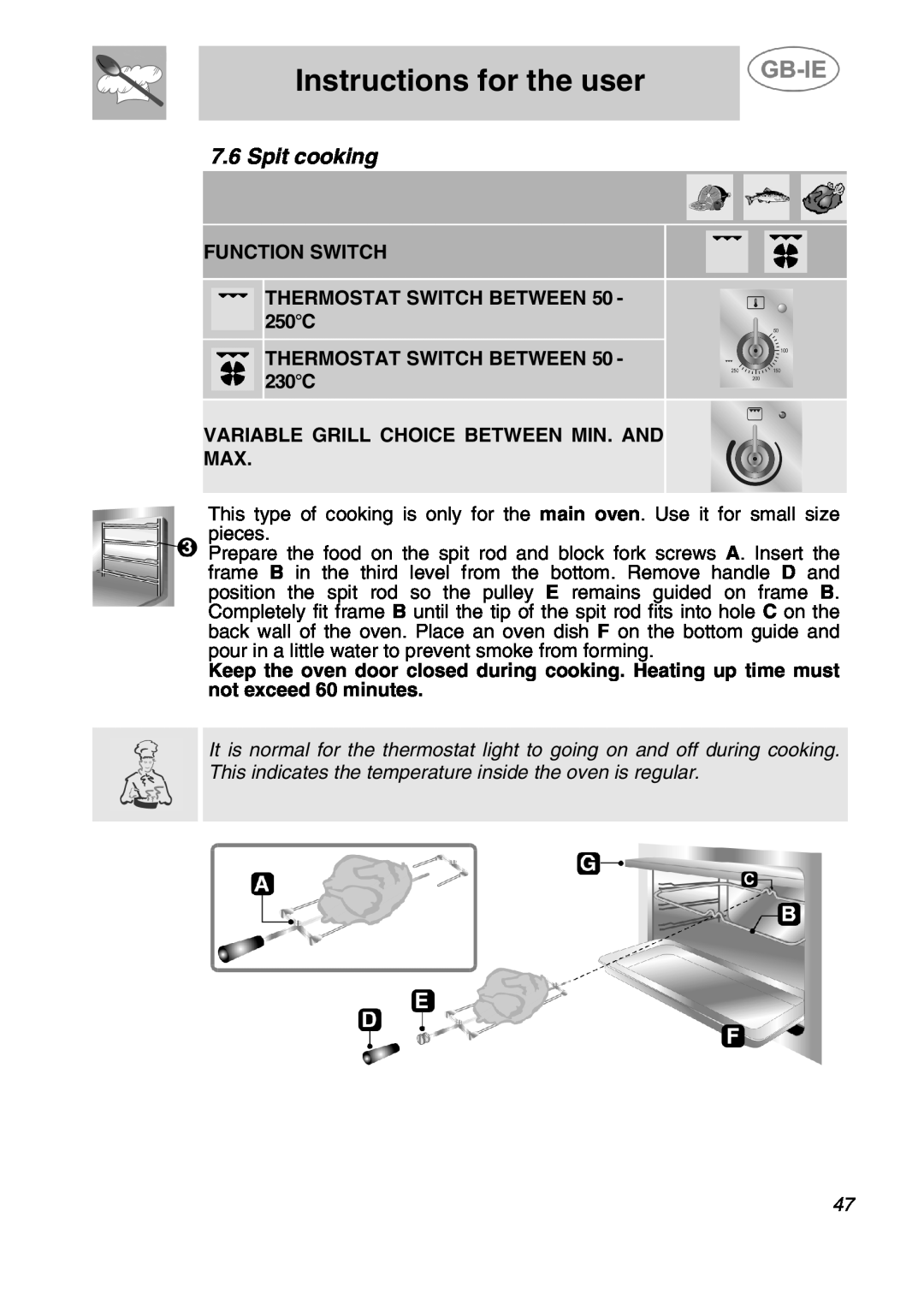 Smeg A41C-5 manual Spit cooking, Instructions for the user, FUNCTION SWITCH THERMOSTAT SWITCH BETWEEN 50 - 250C 