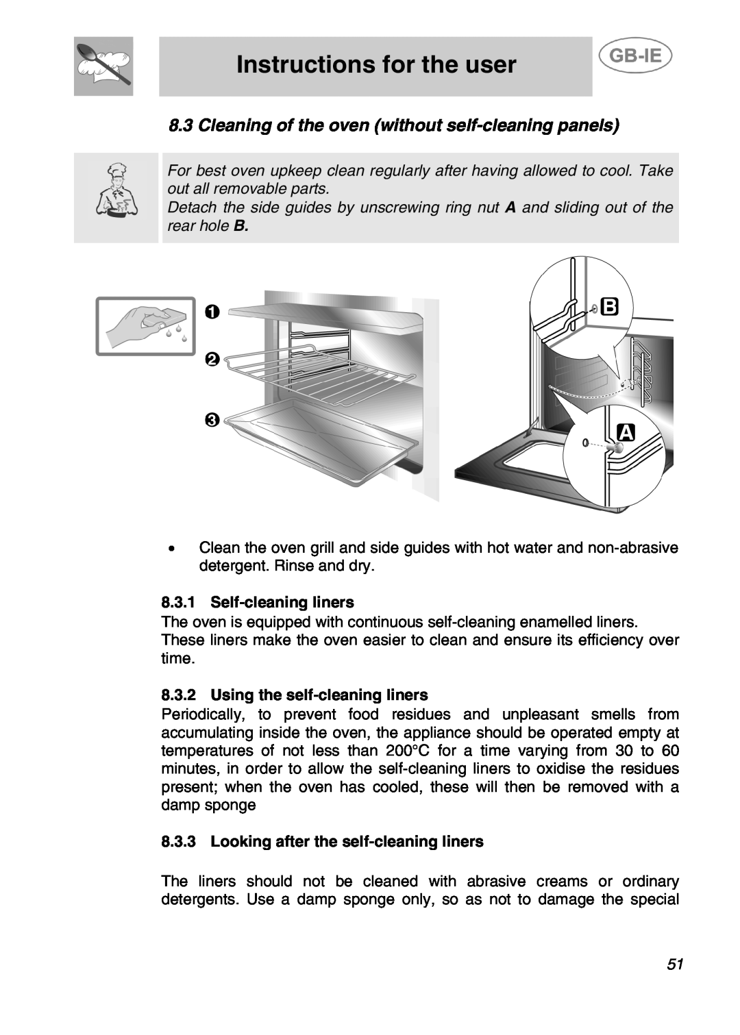 Smeg A41C-5 manual Cleaning of the oven without self-cleaning panels, Instructions for the user, Self-cleaning liners 