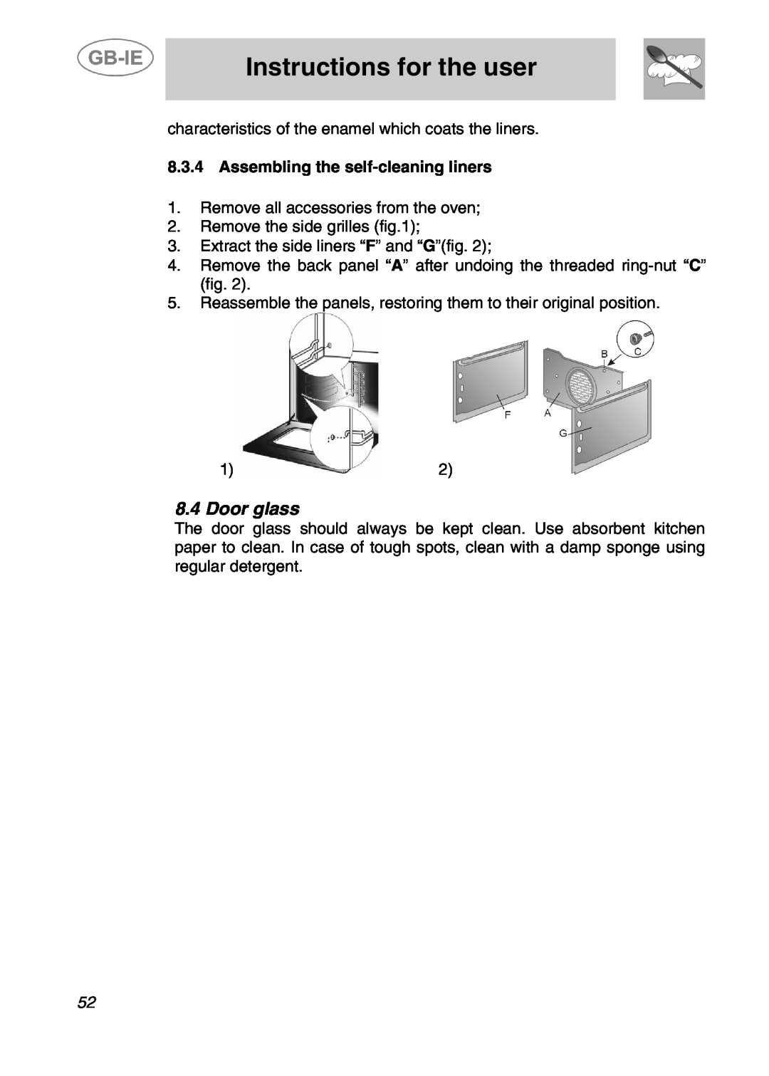 Smeg A41C-5 manual Door glass, Instructions for the user, Assembling the self-cleaning liners 