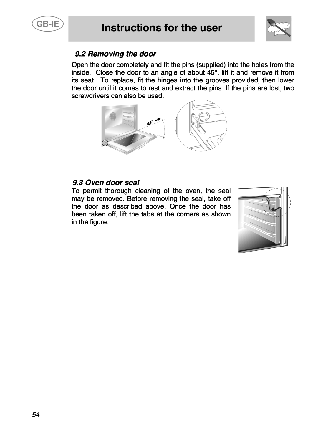 Smeg A41C-5 manual Removing the door, Oven door seal, Instructions for the user 