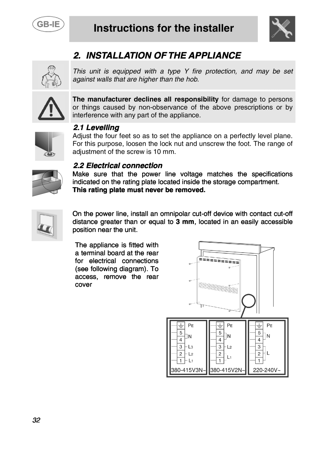 Smeg A41C-5 manual Instructions for the installer, Installation Of The Appliance, Levelling, Electrical connection 