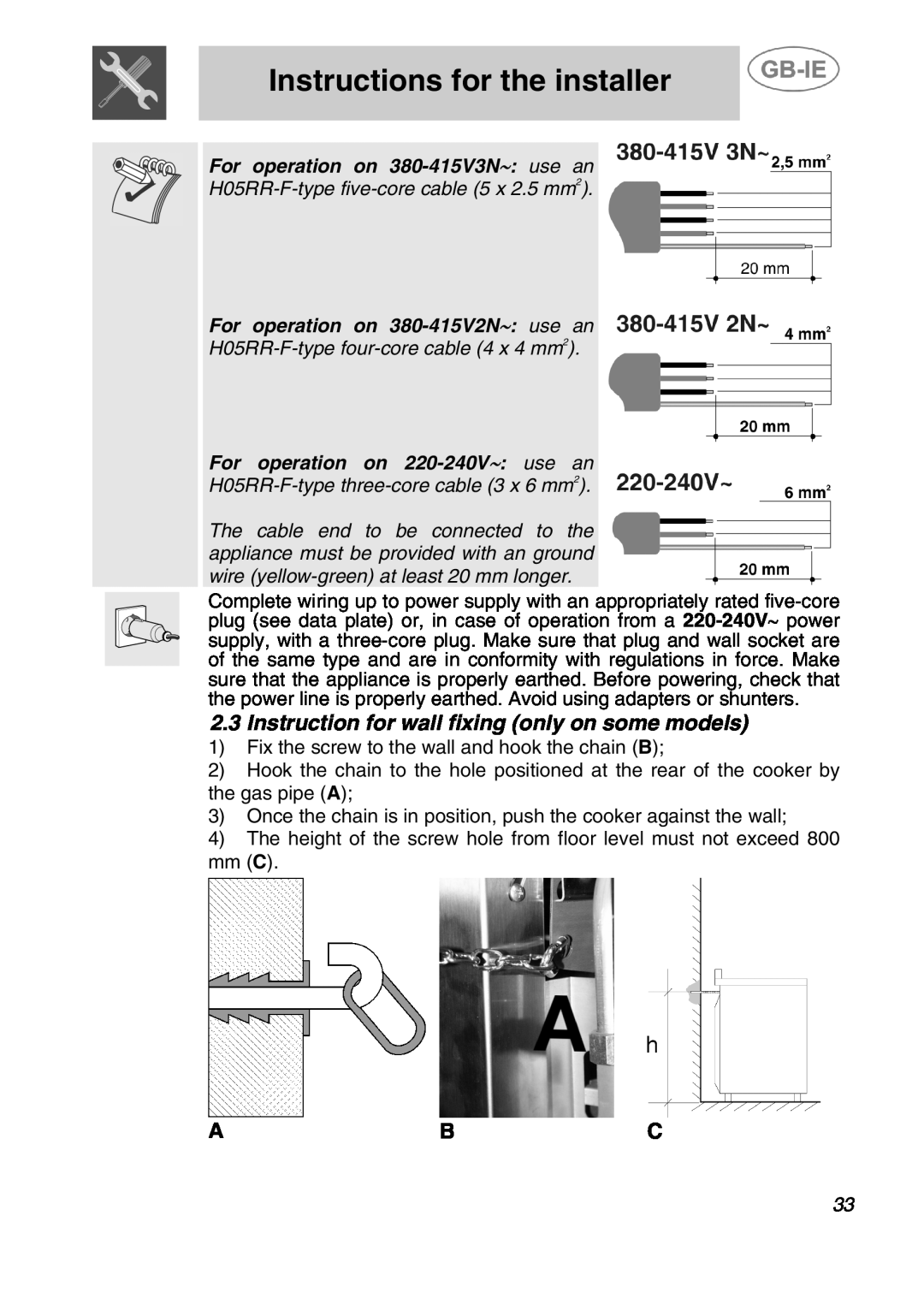 Smeg A41C-5 manual Instruction for wall fixing only on some models, Instructions for the installer 