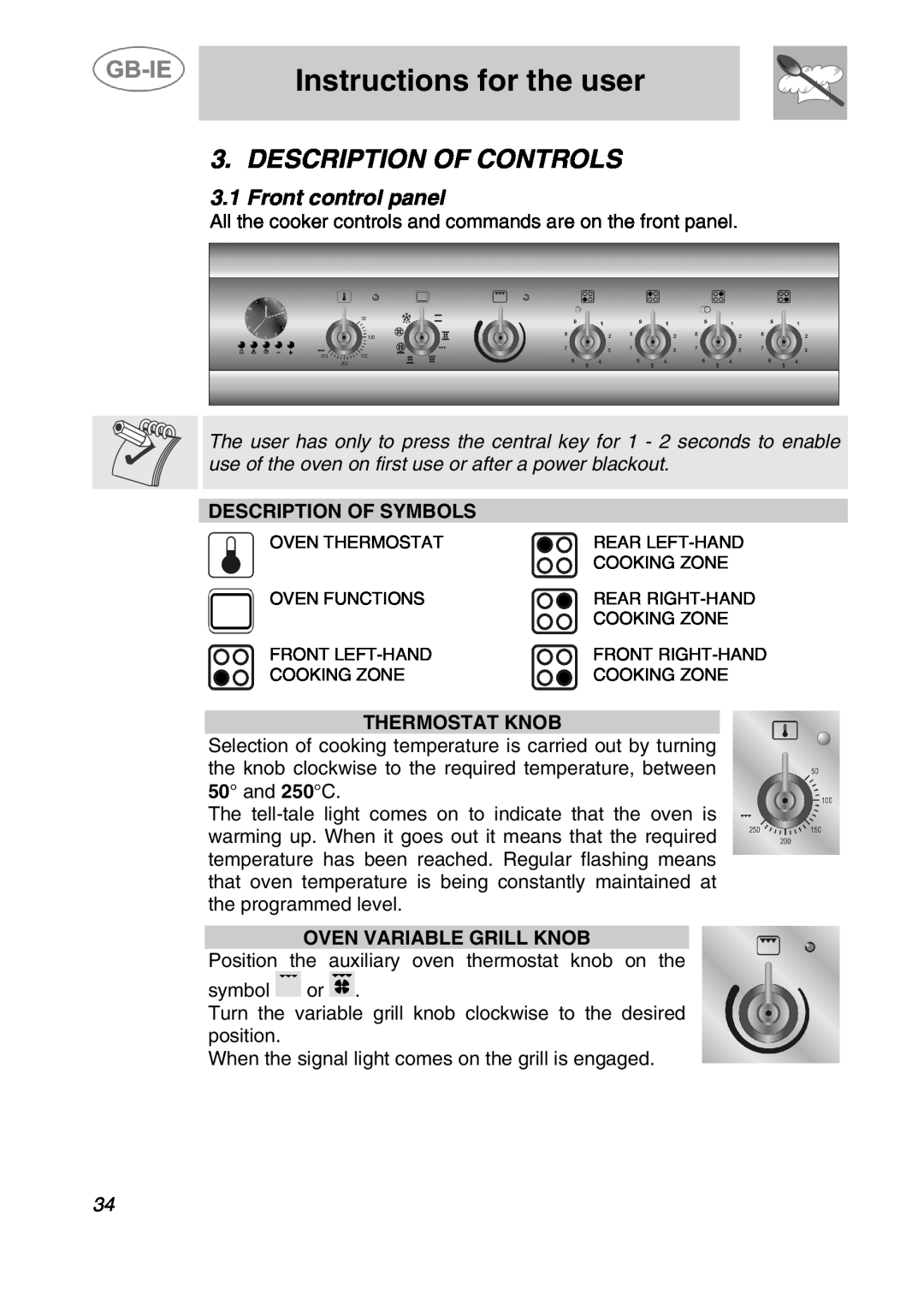 Smeg A41C-5 manual Instructions for the user, Description Of Controls, Front control panel, Description Of Symbols 
