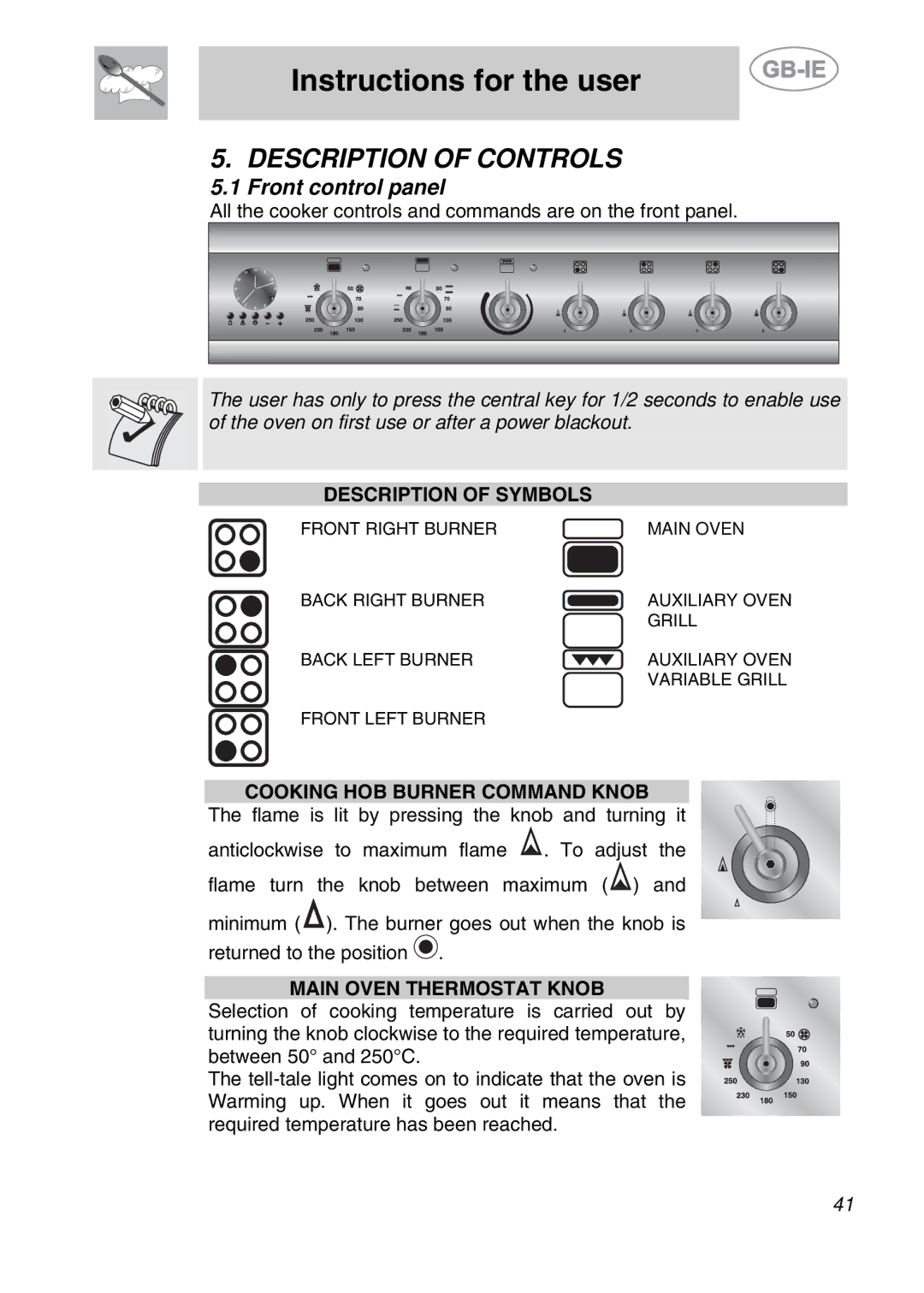 Smeg A42A-2, A42-2 Description of Controls, Front control panel, Description of Symbols, Cooking HOB Burner Command Knob 