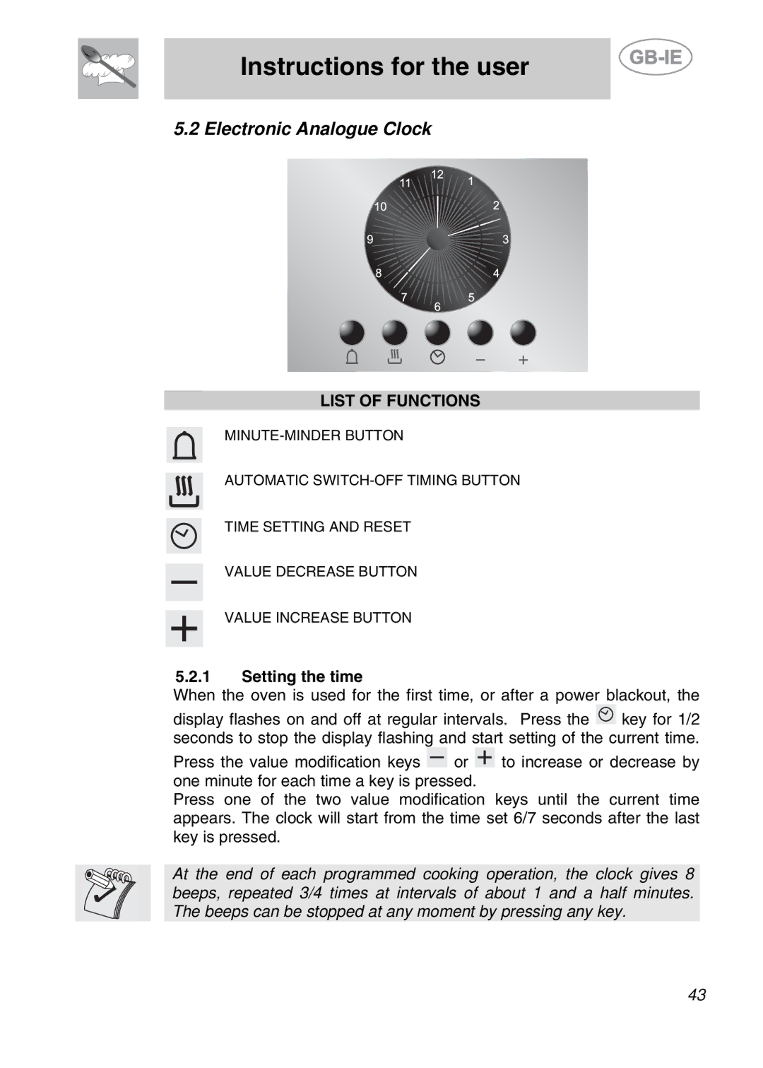 Smeg A42-2, A42A-5, A42A-2, A42-5 manual Electronic Analogue Clock, List of Functions, Setting the time 