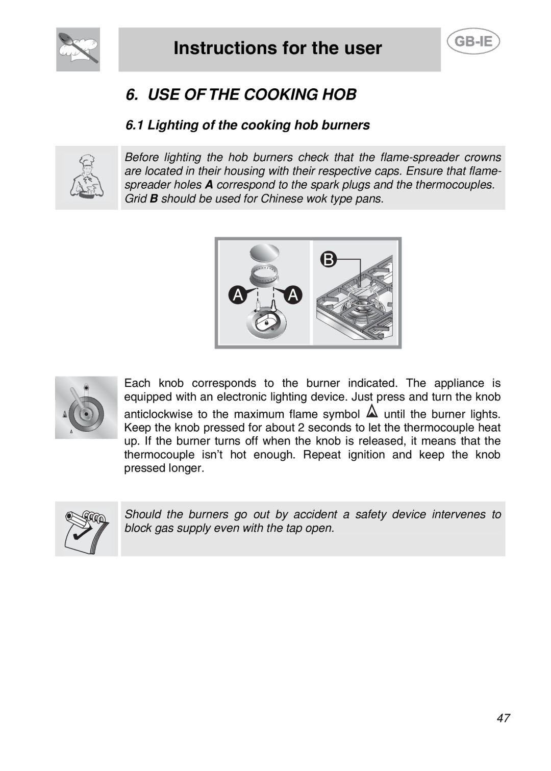 Smeg A42-2, A42A-5, A42A-2, A42-5 manual USE of the Cooking HOB, Lighting of the cooking hob burners 