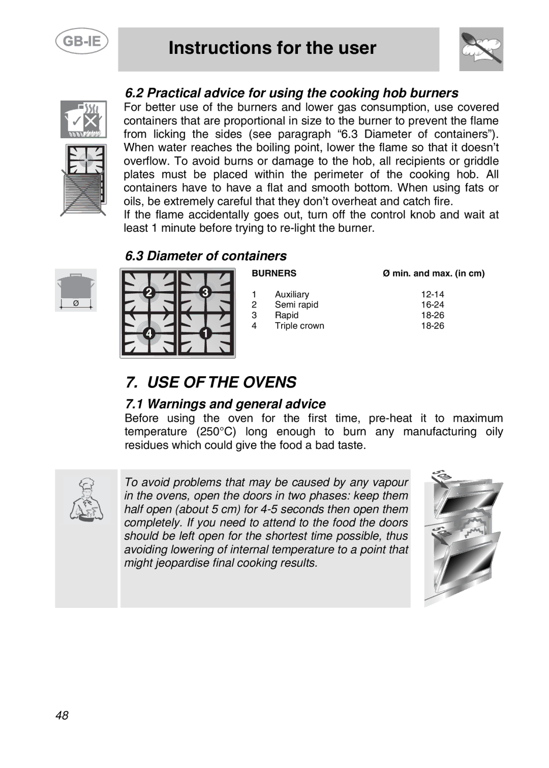 Smeg A42A-5, A42-2, A42A-2 USE of the Ovens, Practical advice for using the cooking hob burners, Diameter of containers 