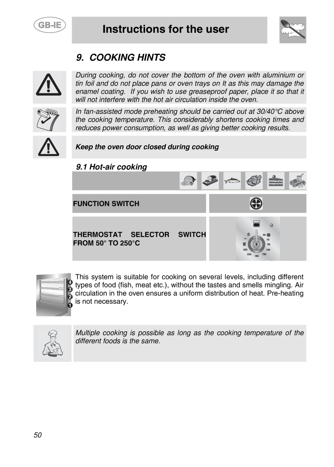 Smeg A42-5, A42-2, A42A-5 manual Cooking Hints, Hot-air cooking, Function Switch Thermostat Selector Switch, From 50 to 250C 