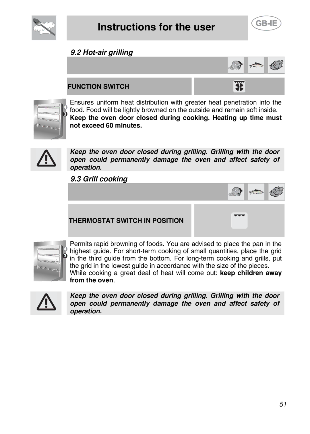 Smeg A42-2, A42A-5, A42A-2, A42-5 manual Hot-air grilling, Grill cooking, Function Switch, Thermostat Switch in Position 