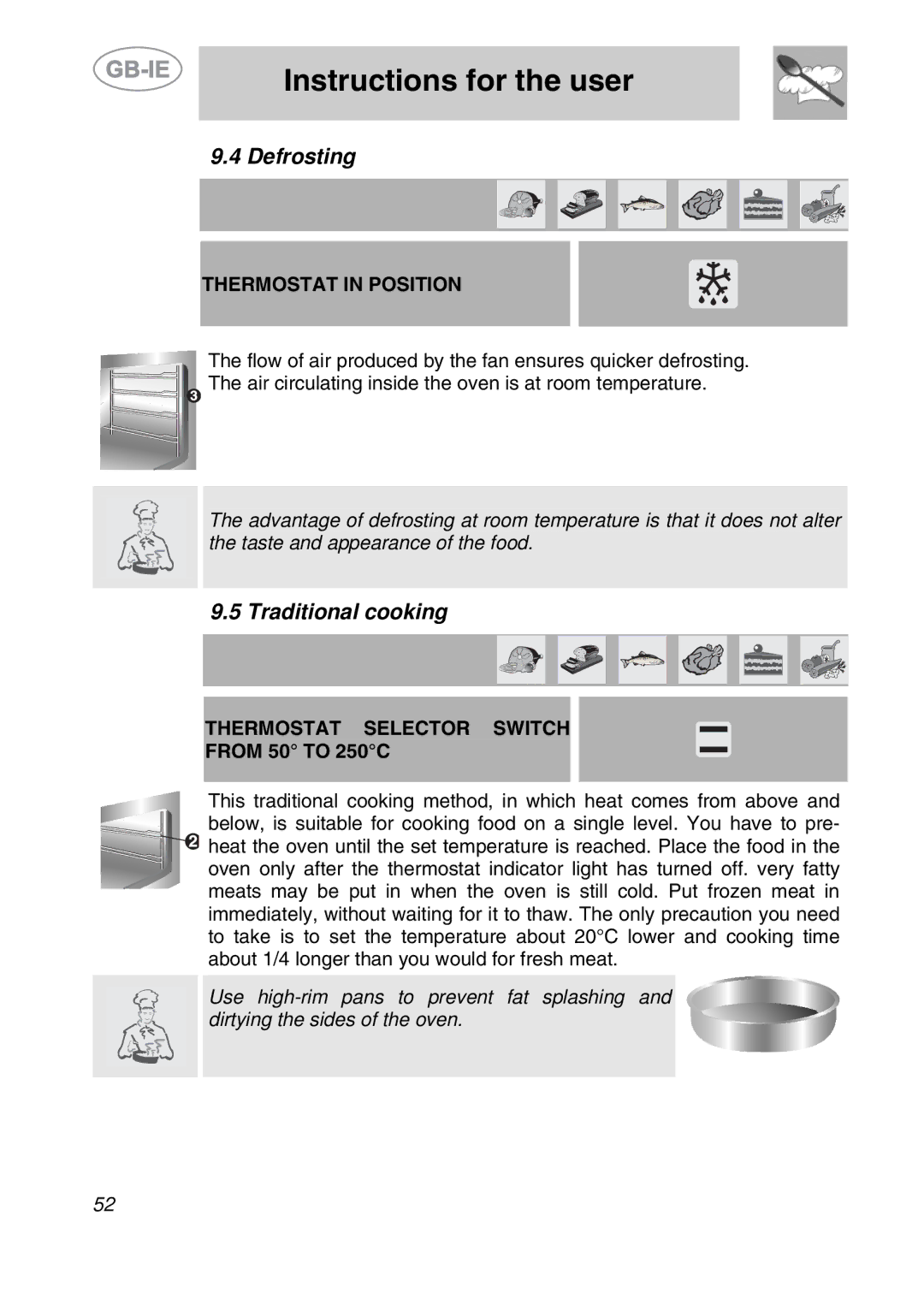 Smeg A42A-5, A42-2, A42A-2, A42-5 manual Defrosting, Traditional cooking, Thermostat in Position 