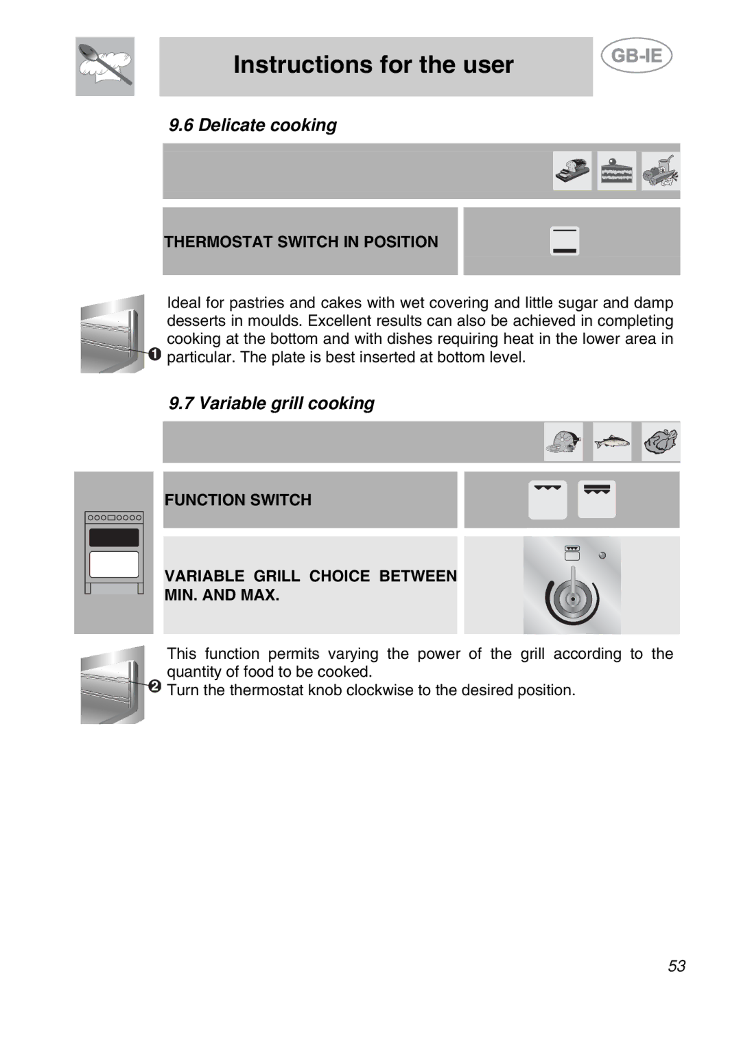 Smeg A42A-2, A42-2 Delicate cooking, Variable grill cooking, Function Switch Variable Grill Choice Between MIN. and MAX 