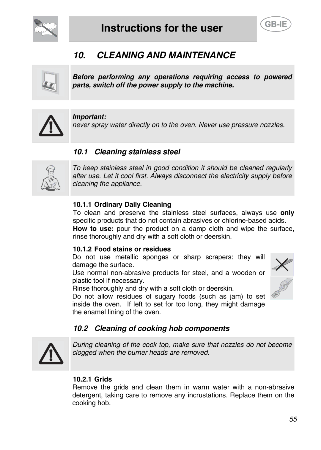 Smeg A42-2, A42A-5, A42A-2, A42-5 Cleaning and Maintenance, Cleaning stainless steel, Cleaning of cooking hob components 