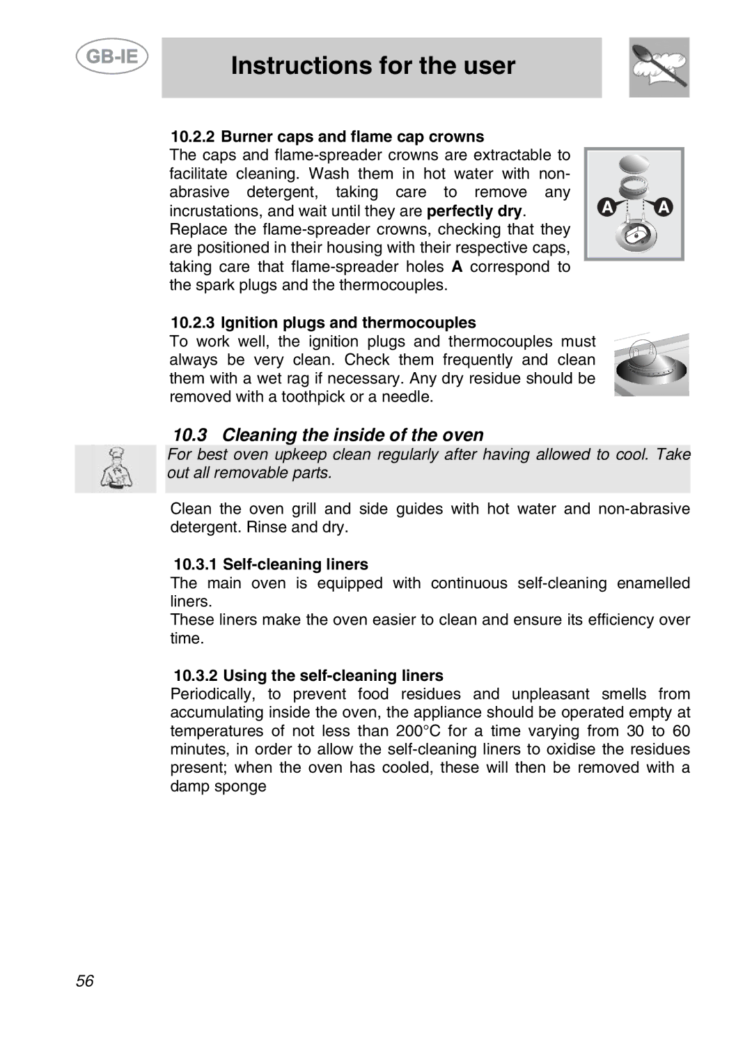 Smeg A42A-5, A42-2 Cleaning the inside of the oven, Burner caps and flame cap crowns, Ignition plugs and thermocouples 